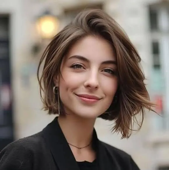 Tousled short bob with deep side sweep and flipped textured ends