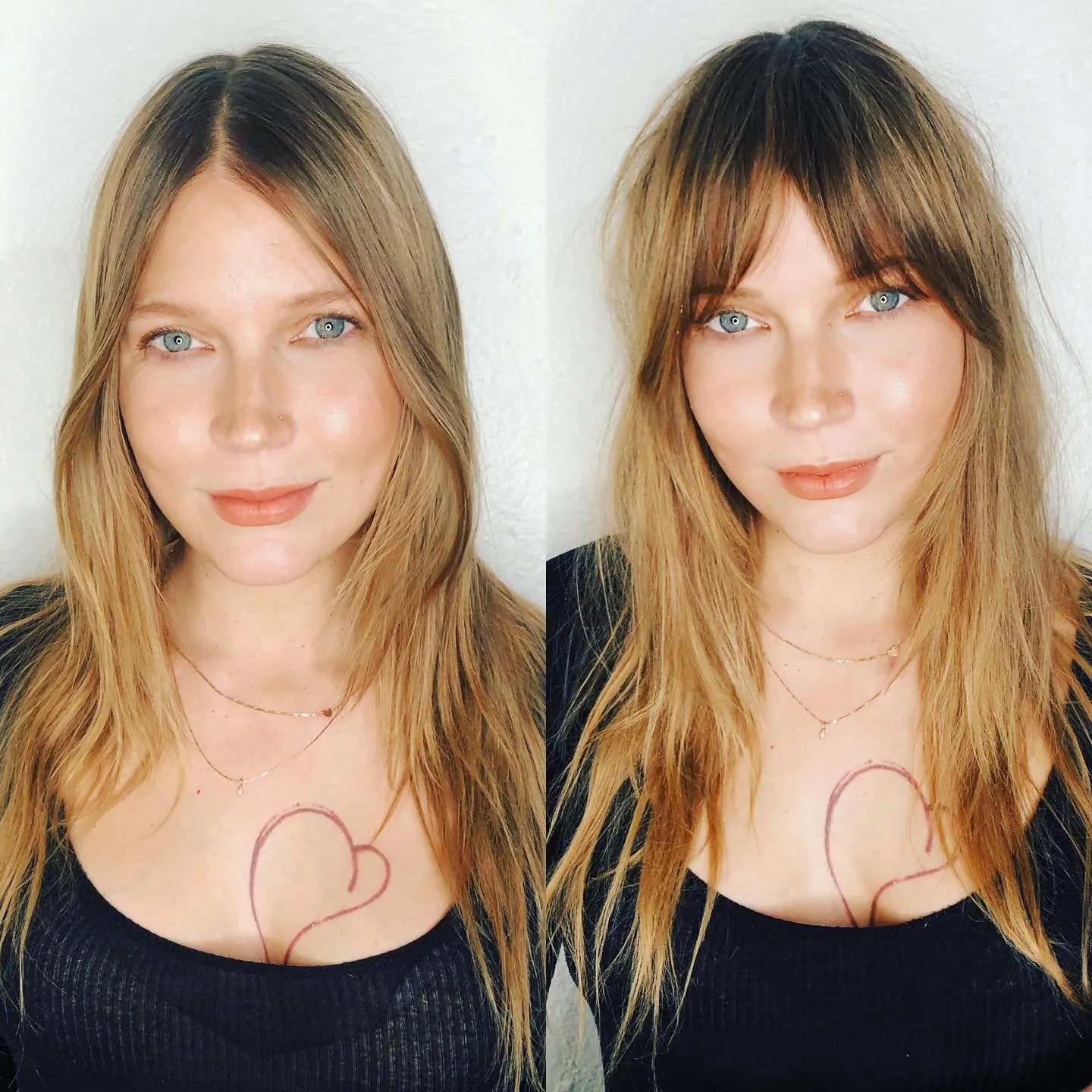 Before-and-after long hair transformation with Birkin bangs