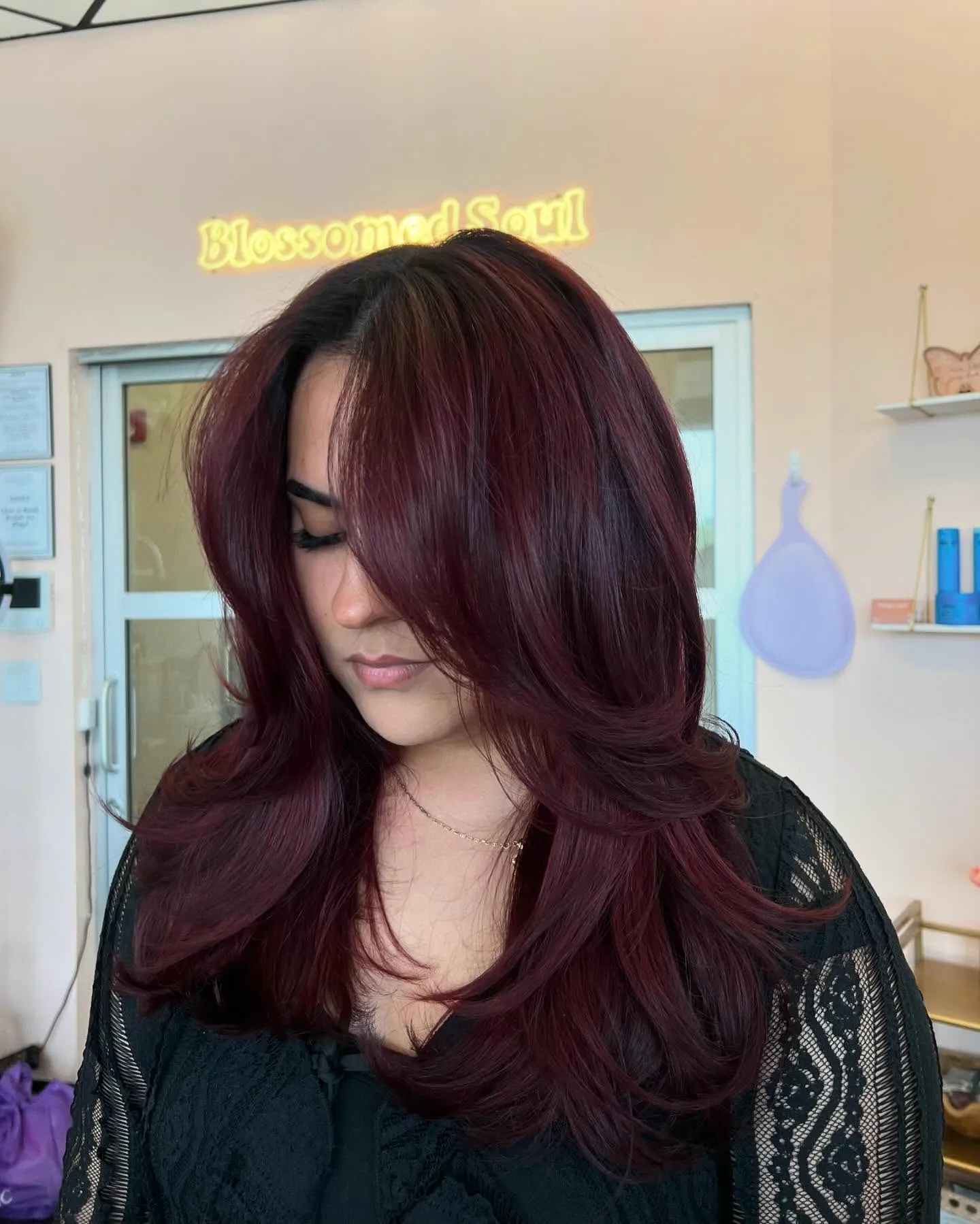 black cherry hair with curtain fringe layers