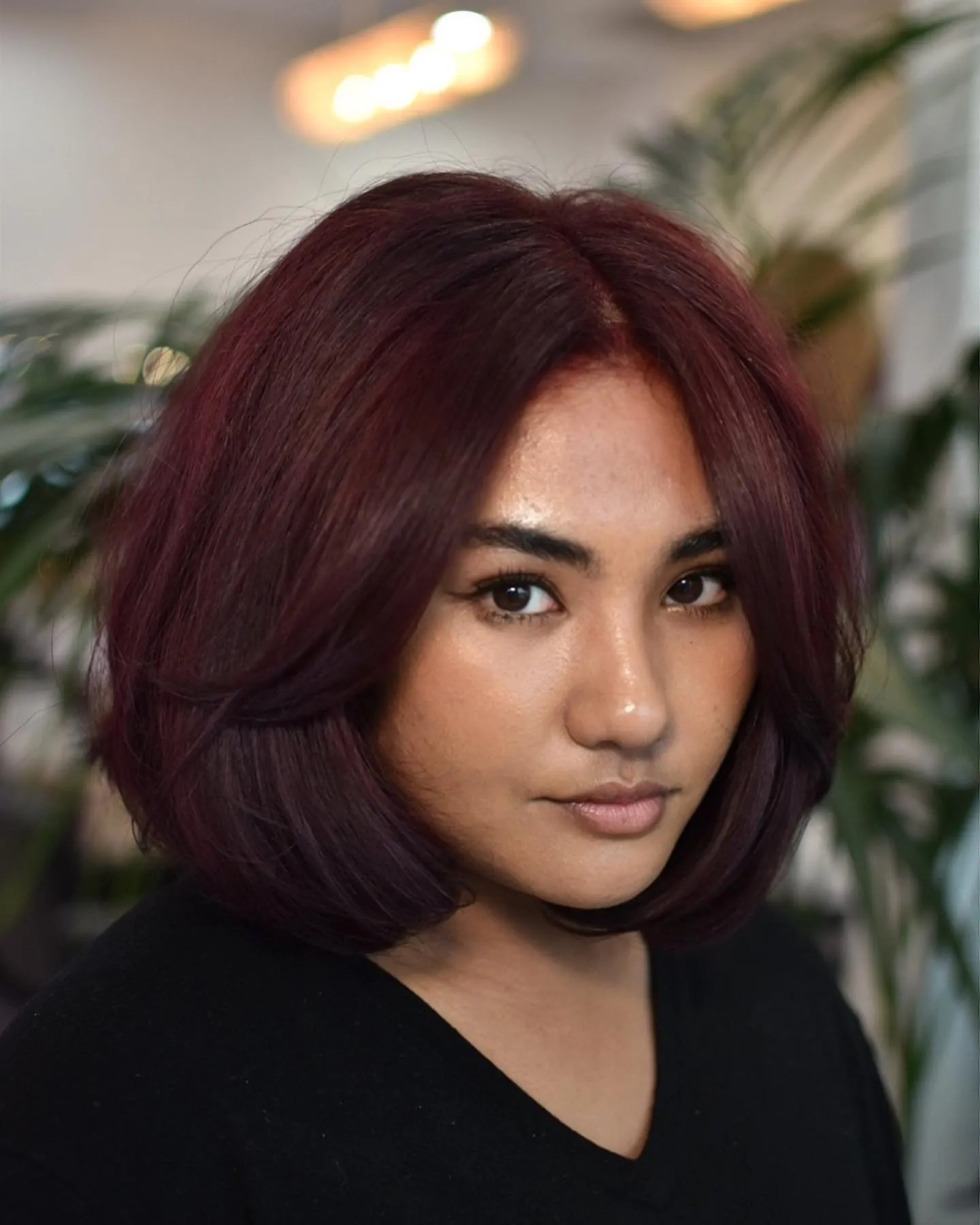 black cherry hair with rounded layered bob