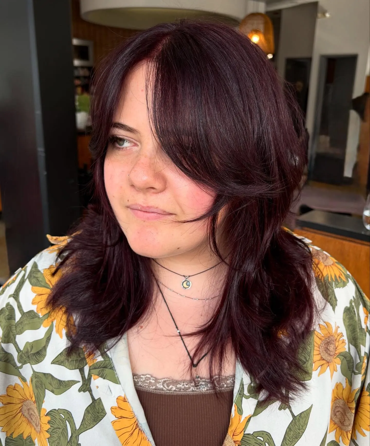 black cherry hair with shaggy shoulder layers