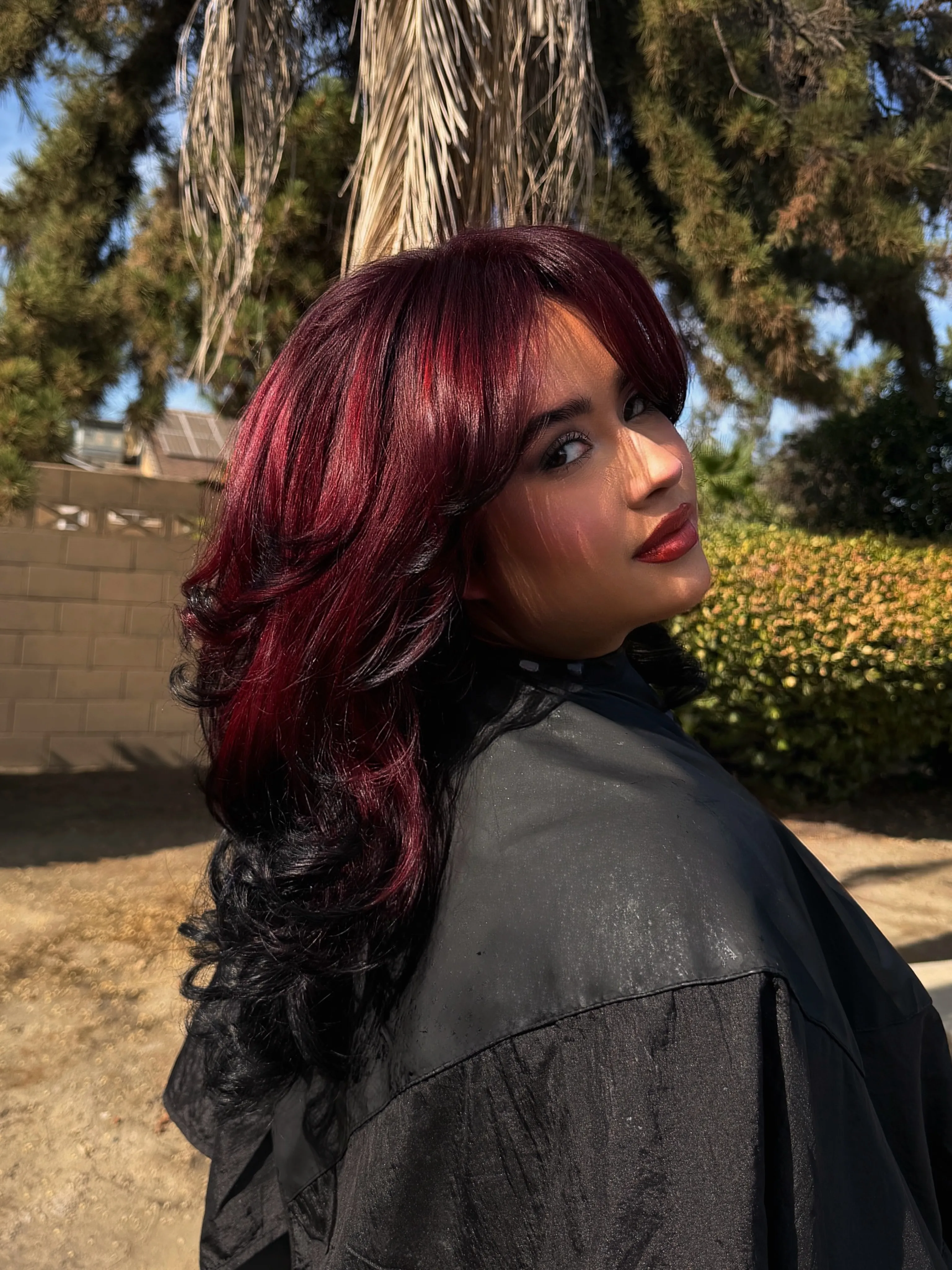 black cherry hair with fringe blowout layers