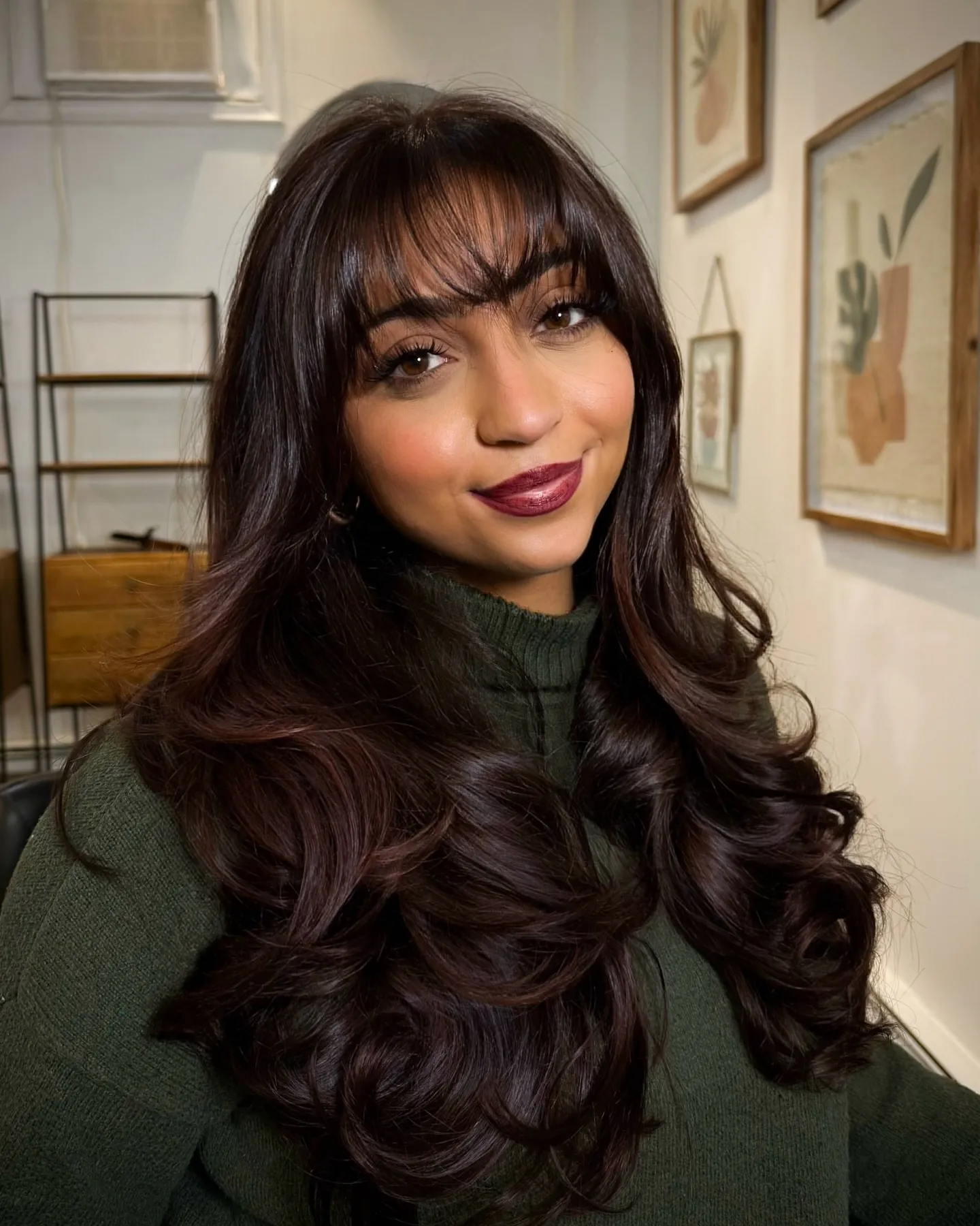 black cherry hair with full fringe curls