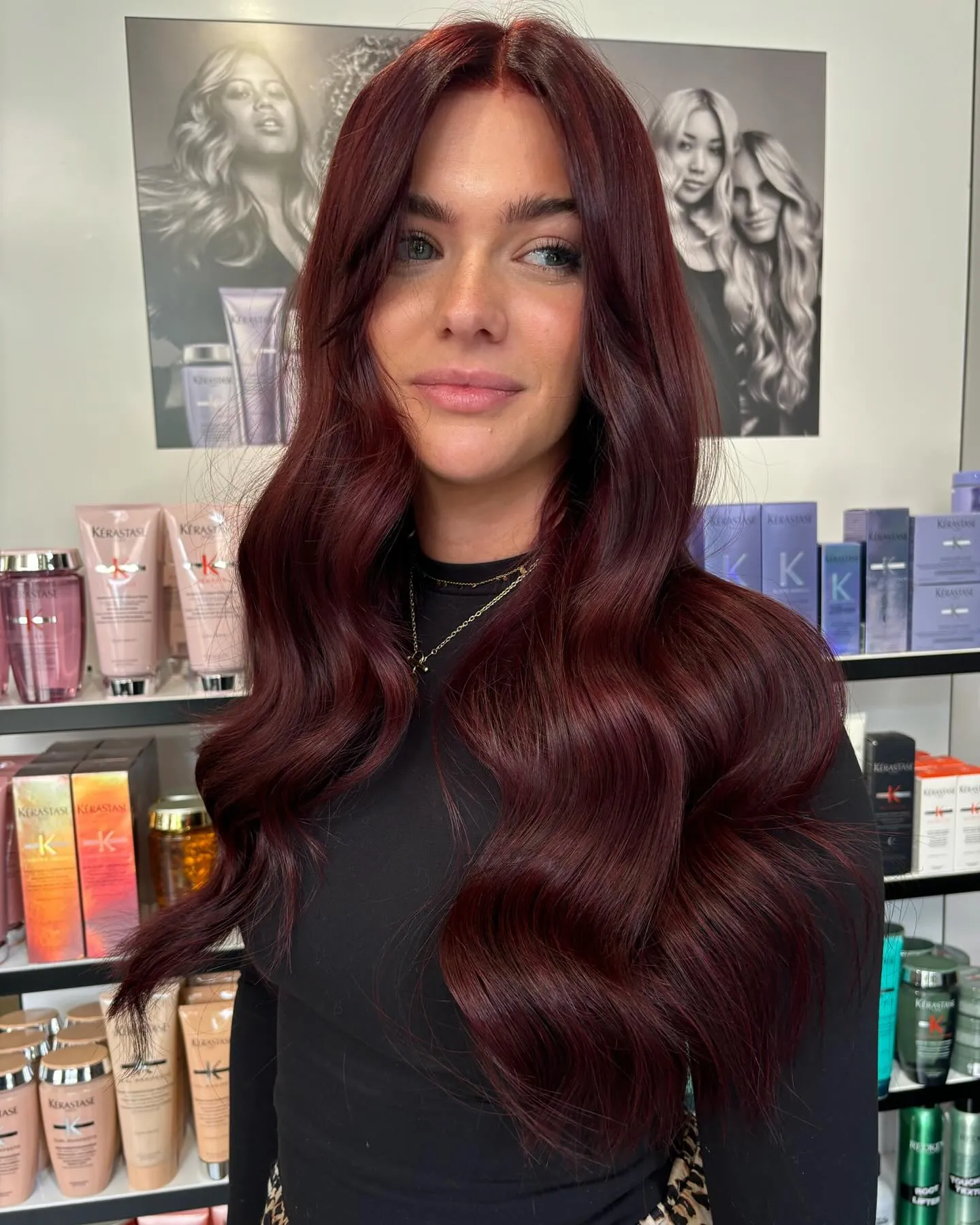 black cherry hair with glossy long waves