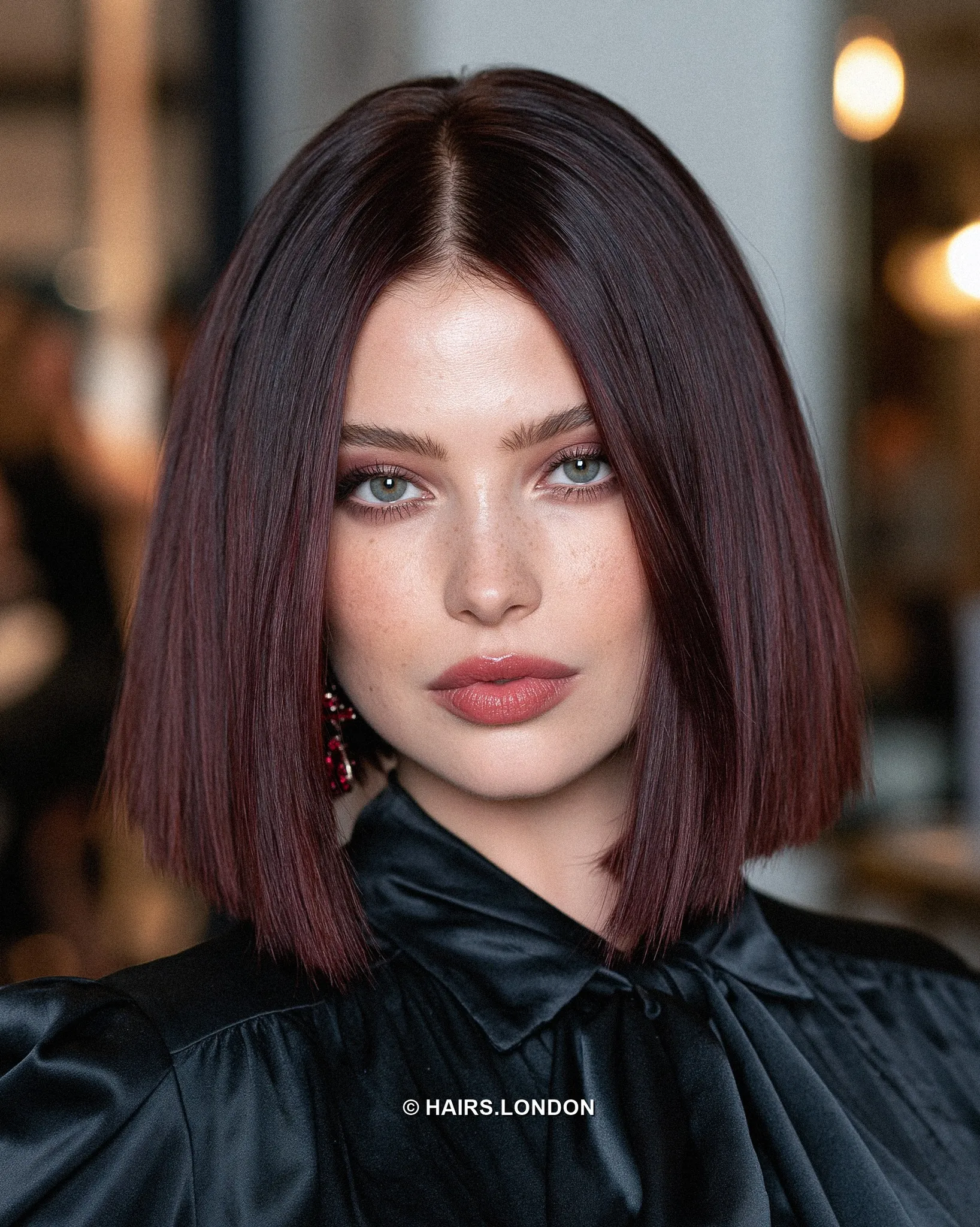 black cherry hair with sleek blunt bob