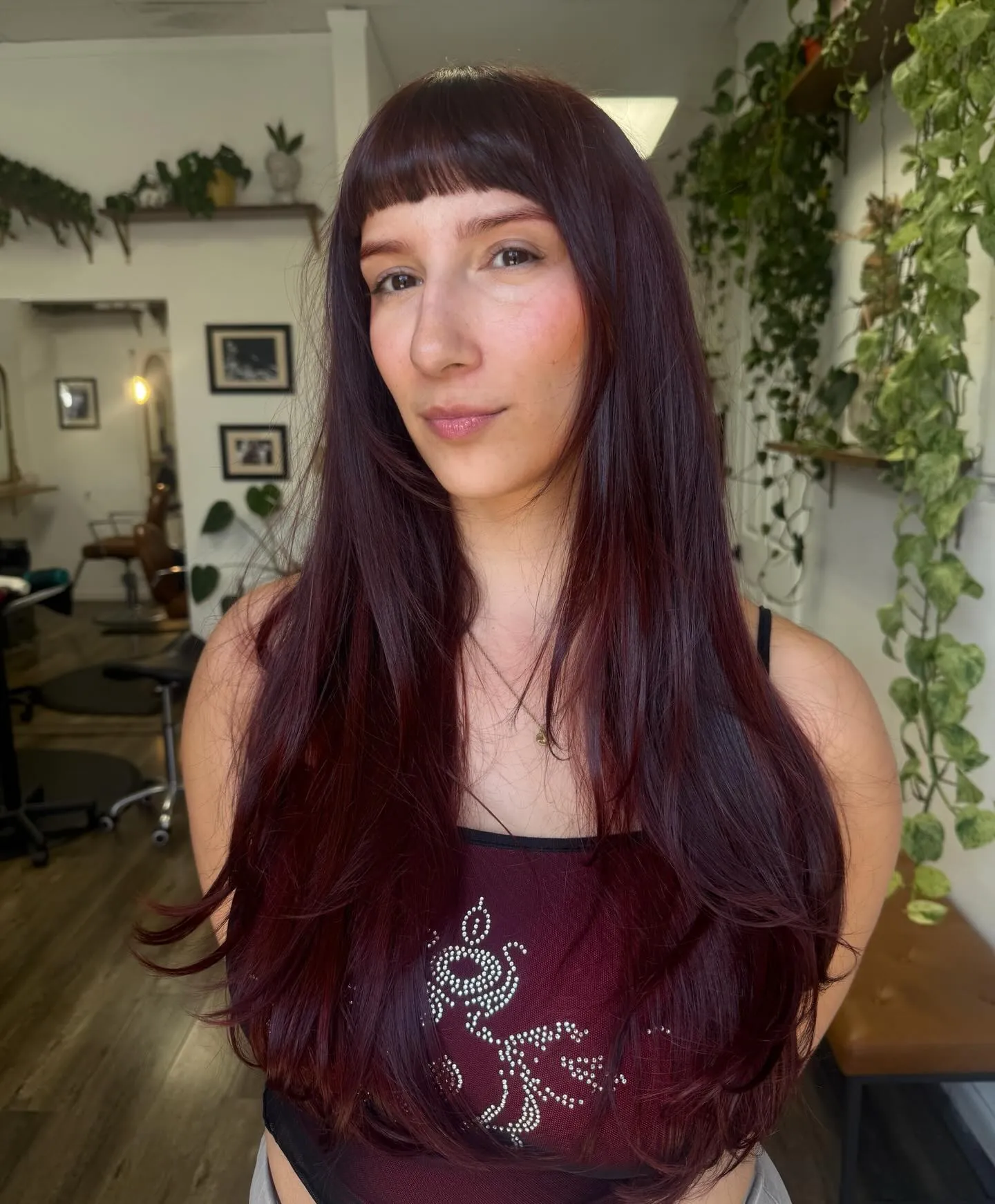 black cherry hair with straight fringe lengths