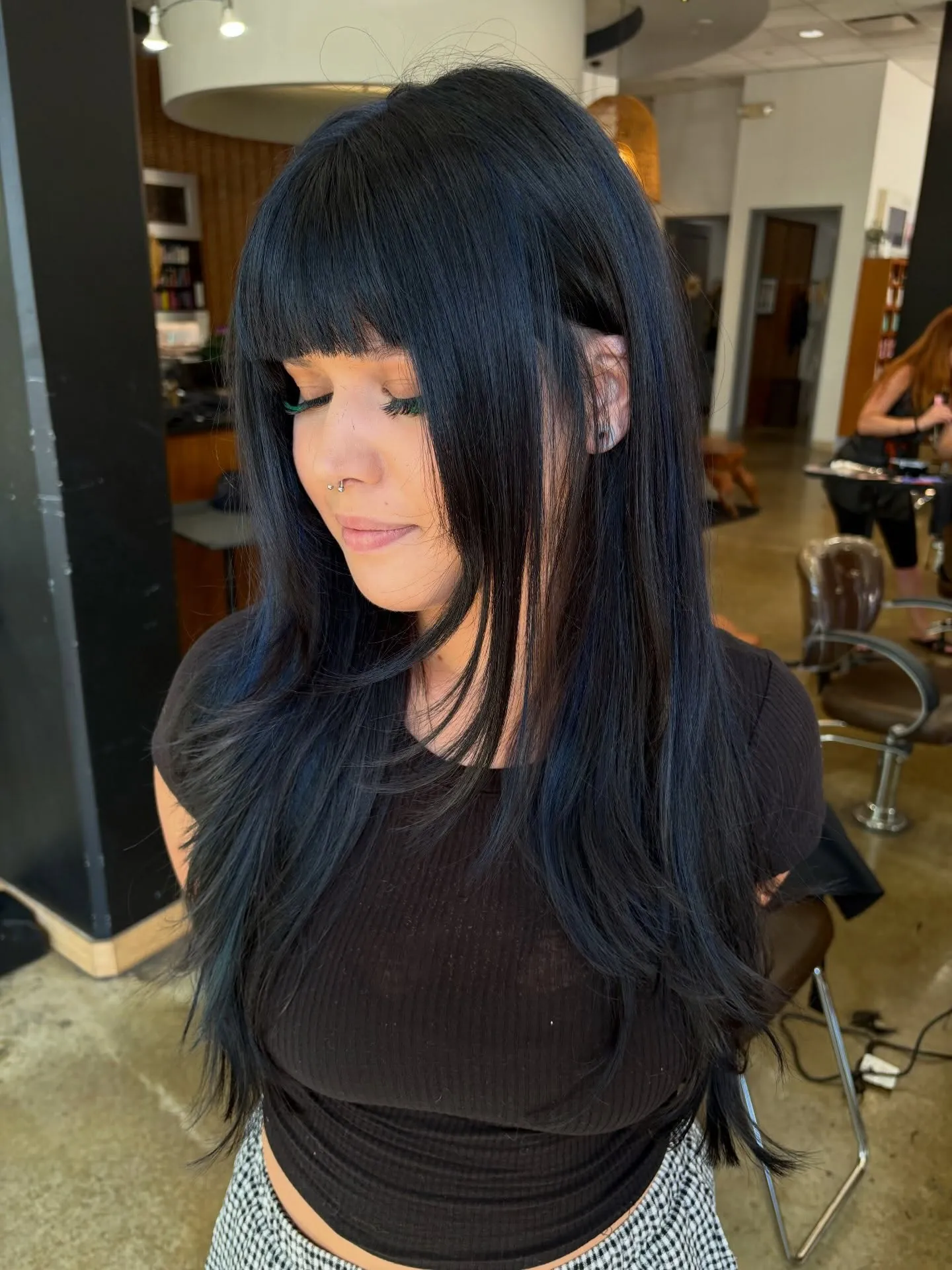 Straight Blue-Black Layers showing blue black hair colour