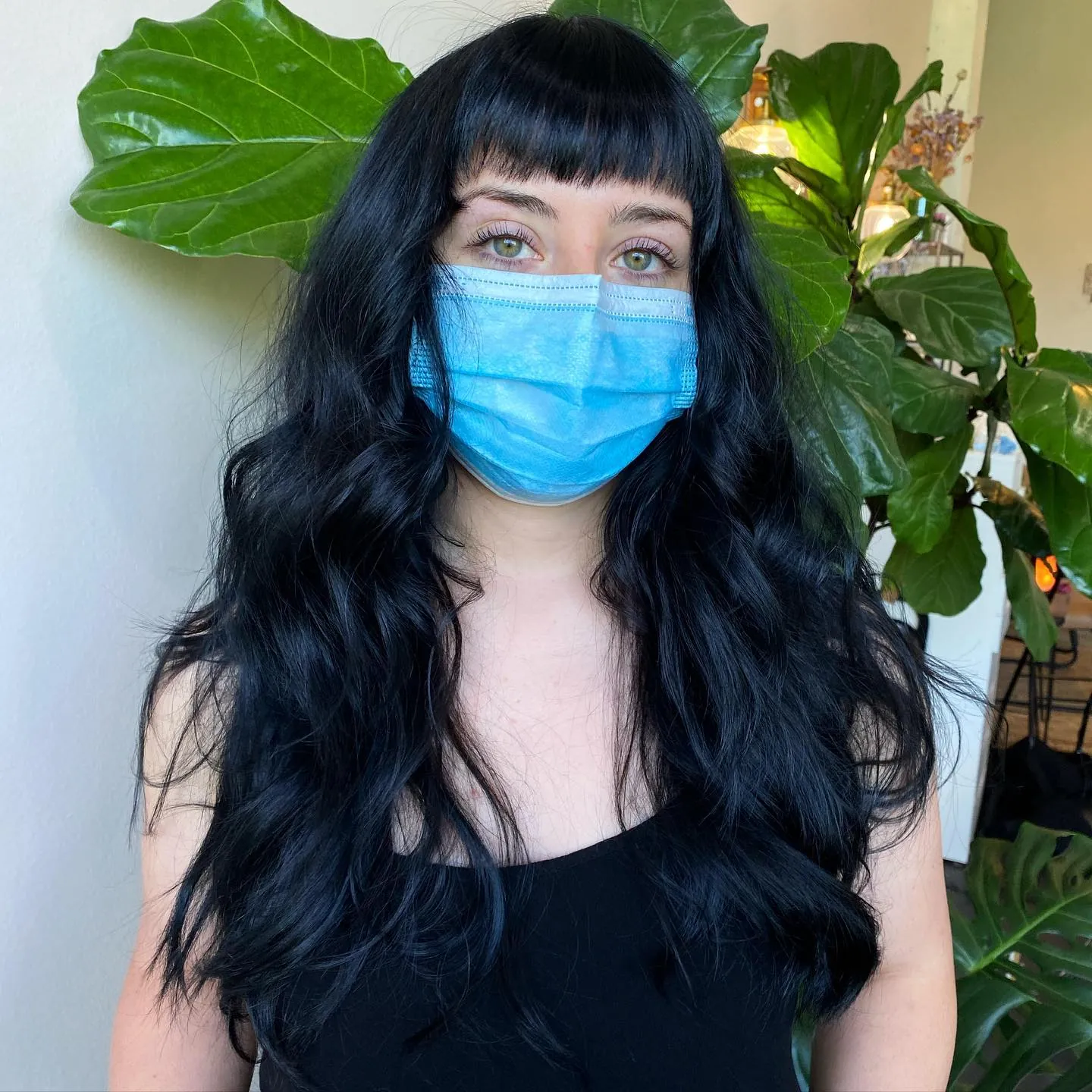 Wavy Blue-Black Bangs showing blue black hair colour