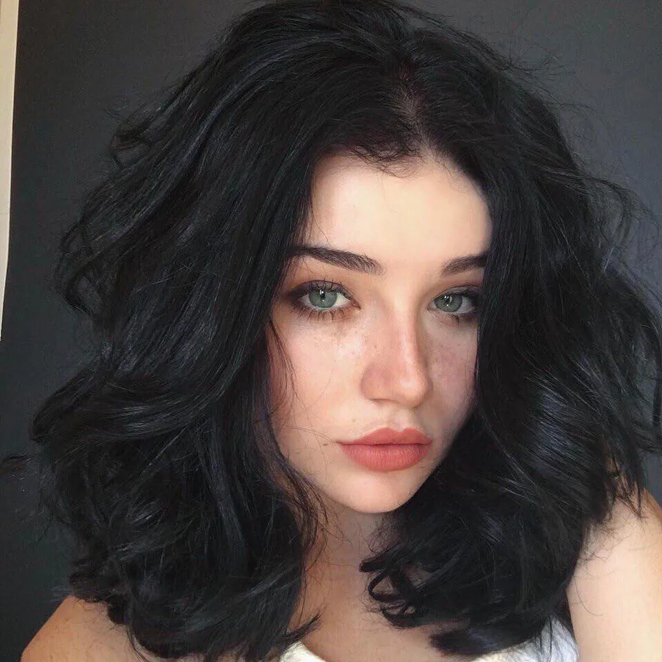 Blue-Black Wavy Bob showing blue black hair colour