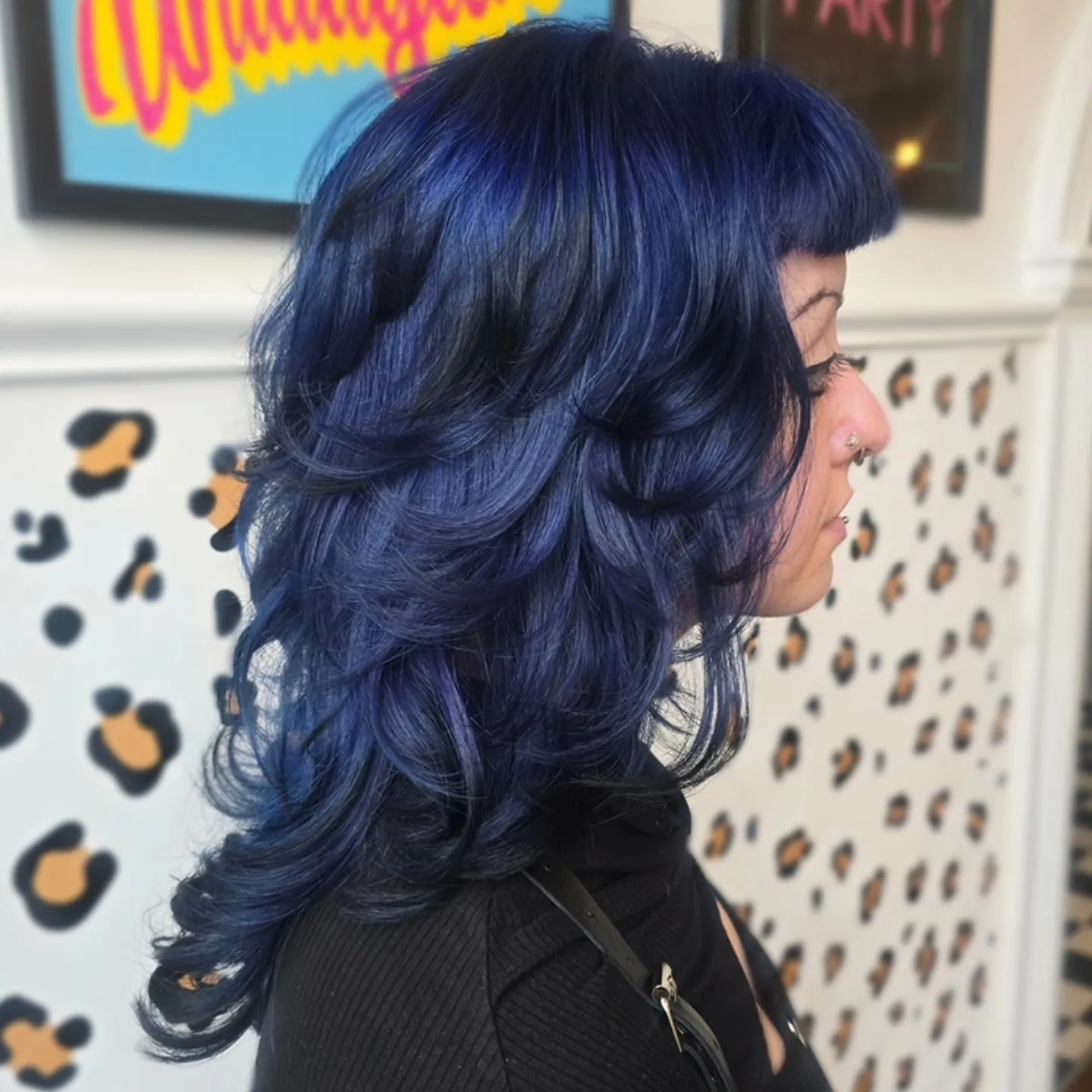 Long Blue-Black Curls showing blue black hair colour