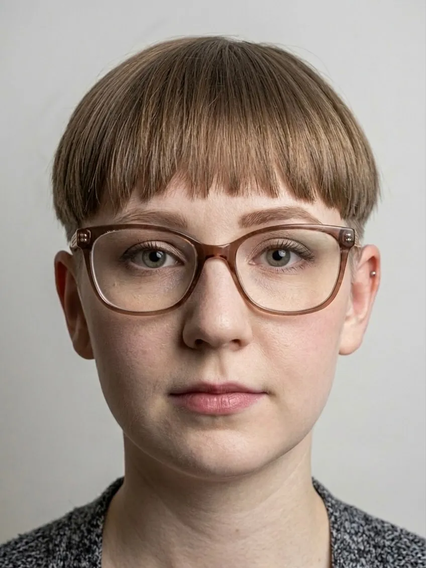 Classic short brown bowl cut with blunt mini fringe