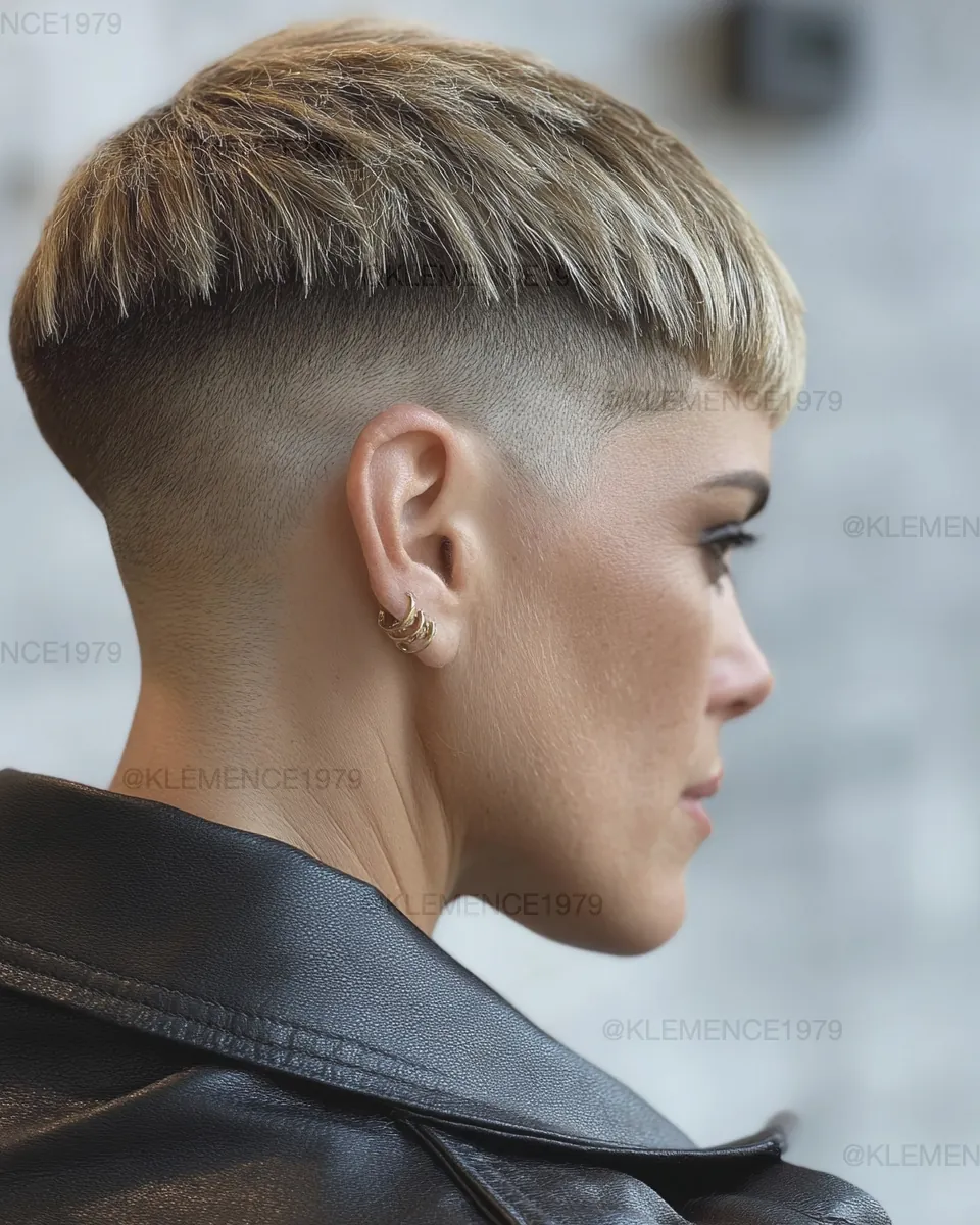 High fade bowl cut with blunt curved top