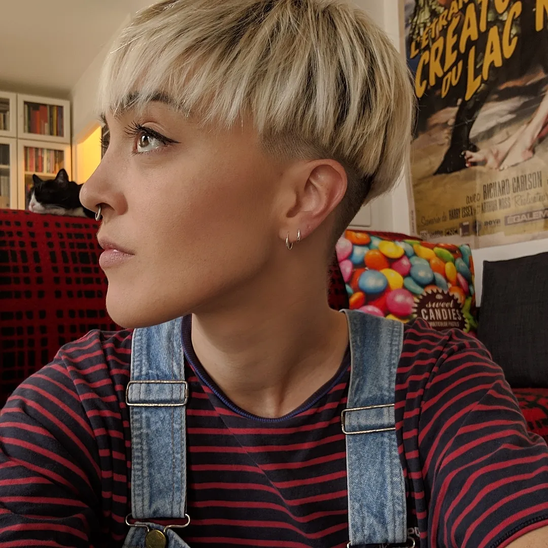 Blonde bowl top with closely shaved sides