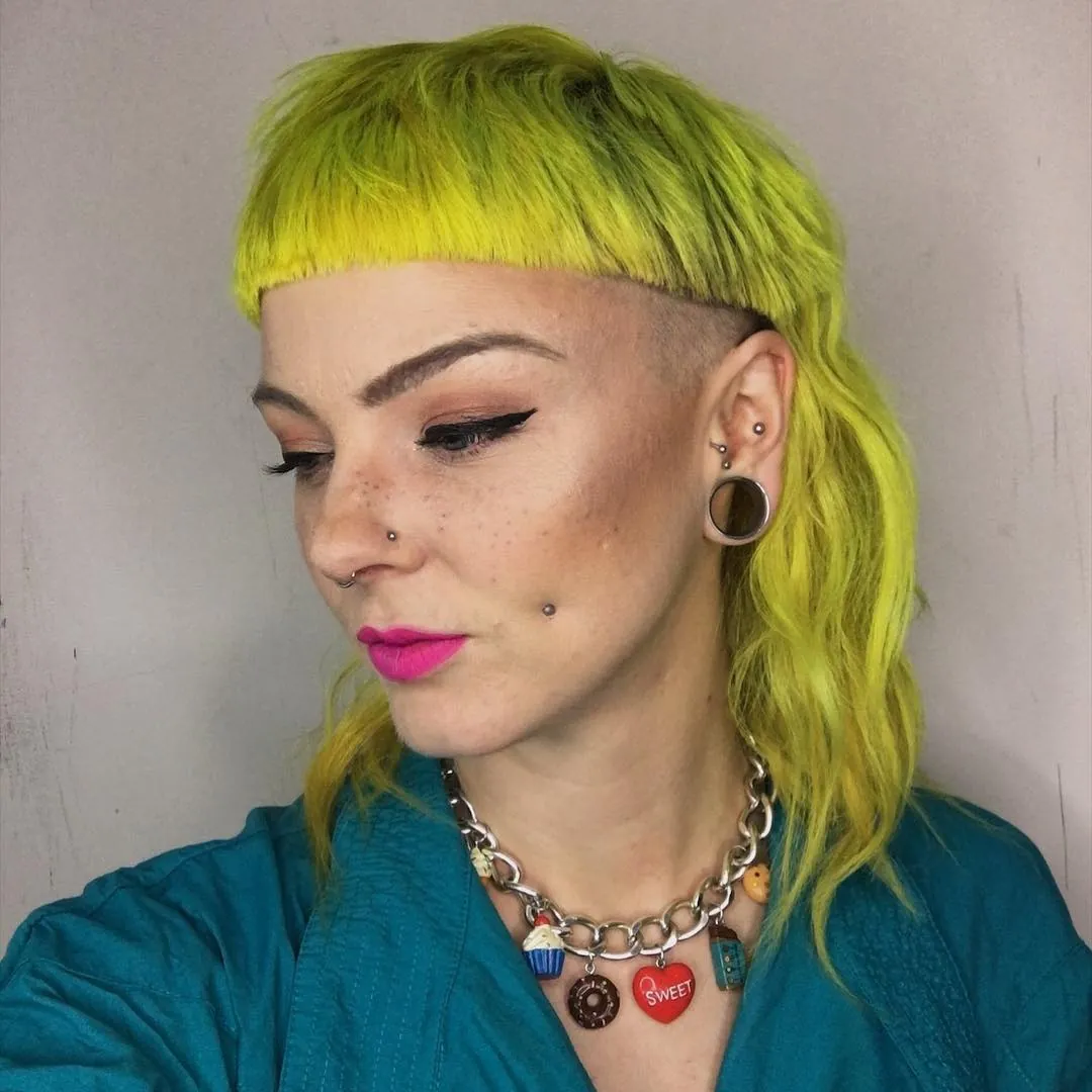 Neon green bowl fringe with longer mullet back