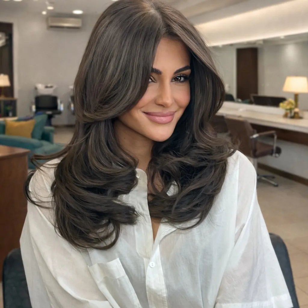Layered charcoal brunette hair with voluminous face-framing blowout