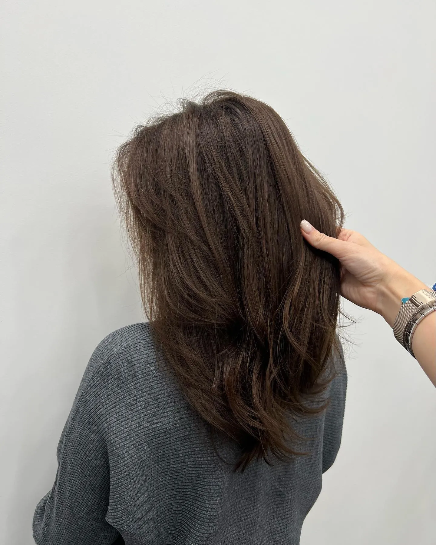 Muted charcoal brunette hair with long blended layers from the back