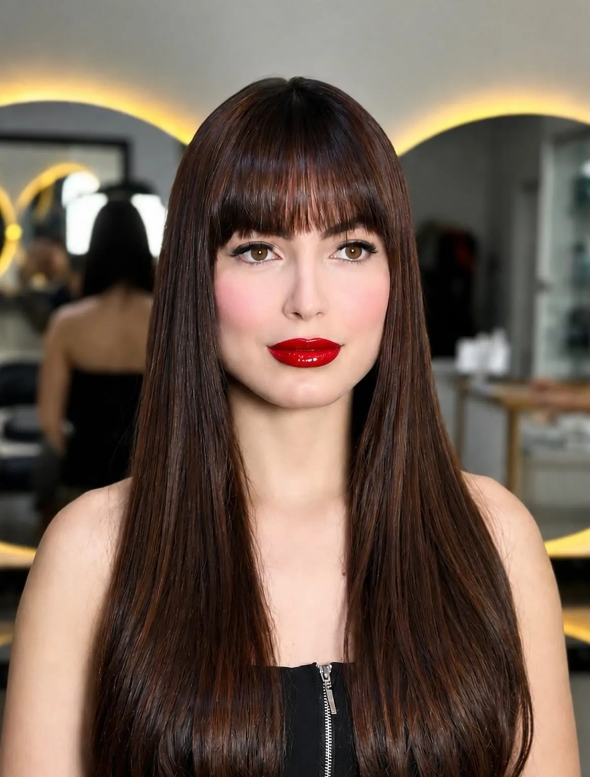 Long glossy charcoal brunette hair with full blunt bangs