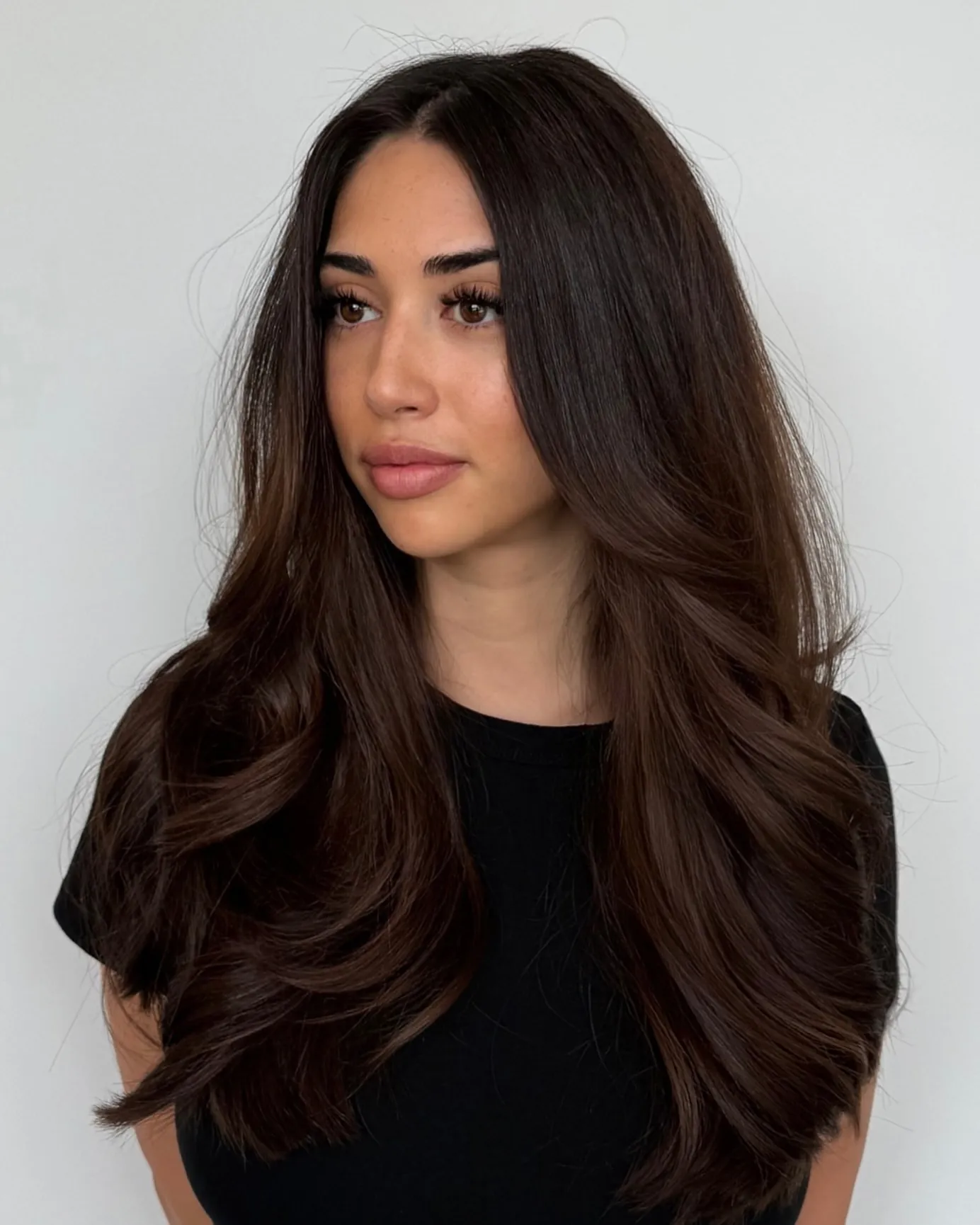 Long rich charcoal brunette hair with soft face-framing layers