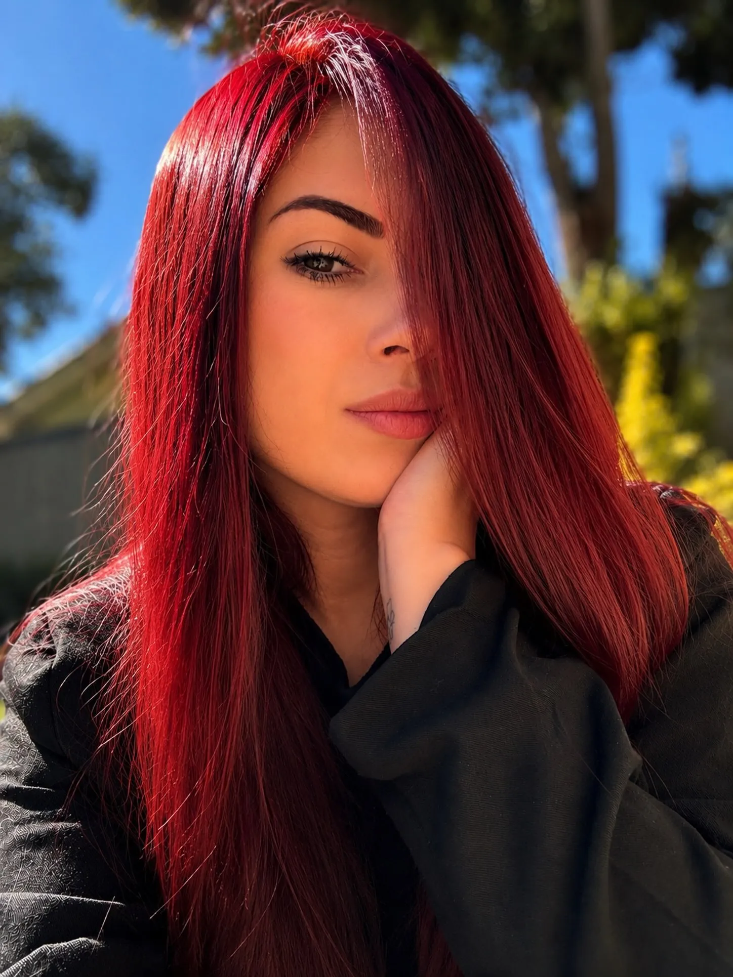cherry red hair with sleek long layers
