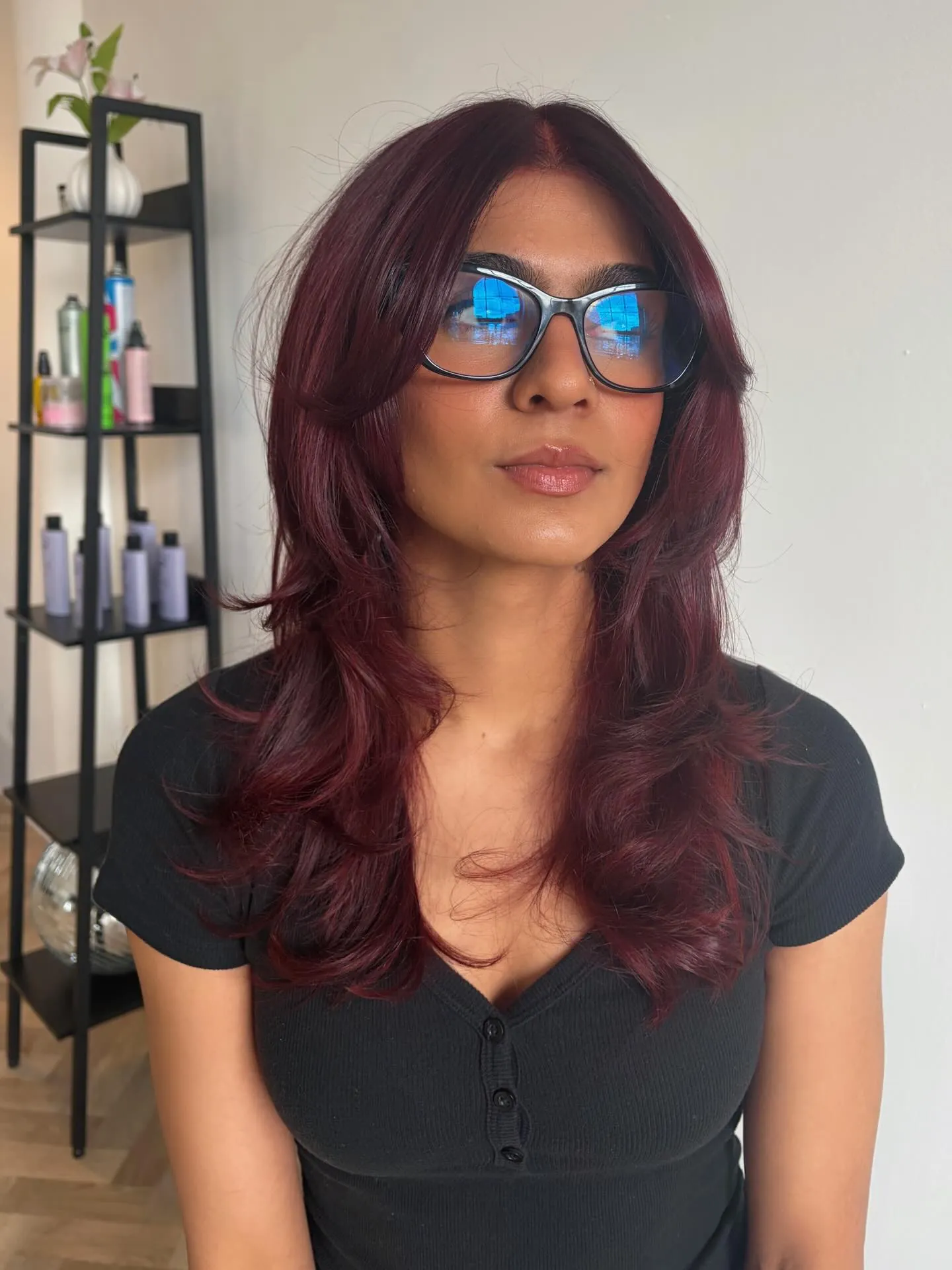cherry red hair with soft midlength layers
