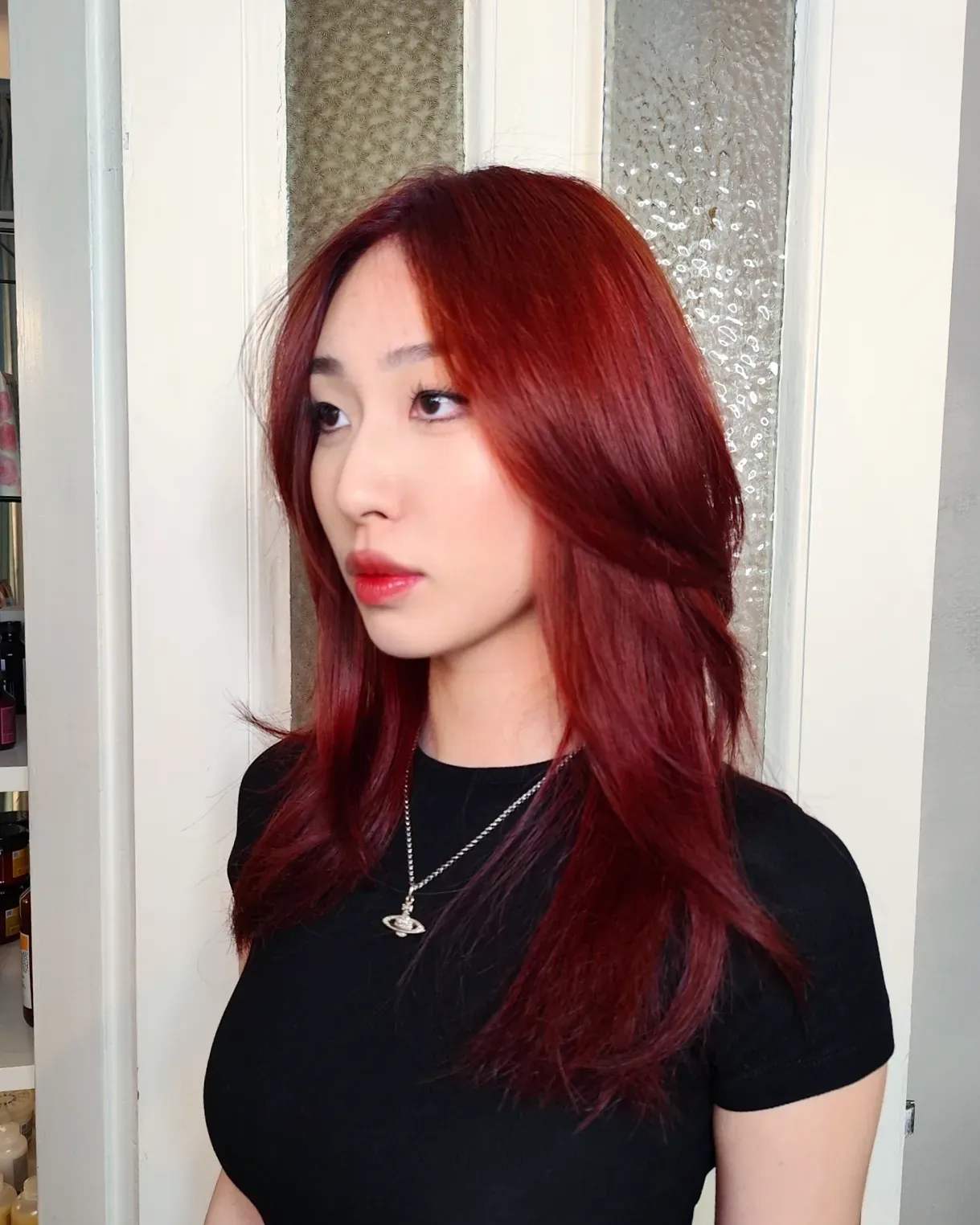 cherry red hair with straight face layers