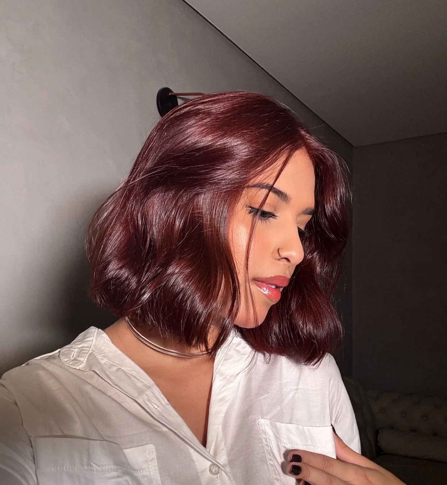 cherry red hair with curved chin bob