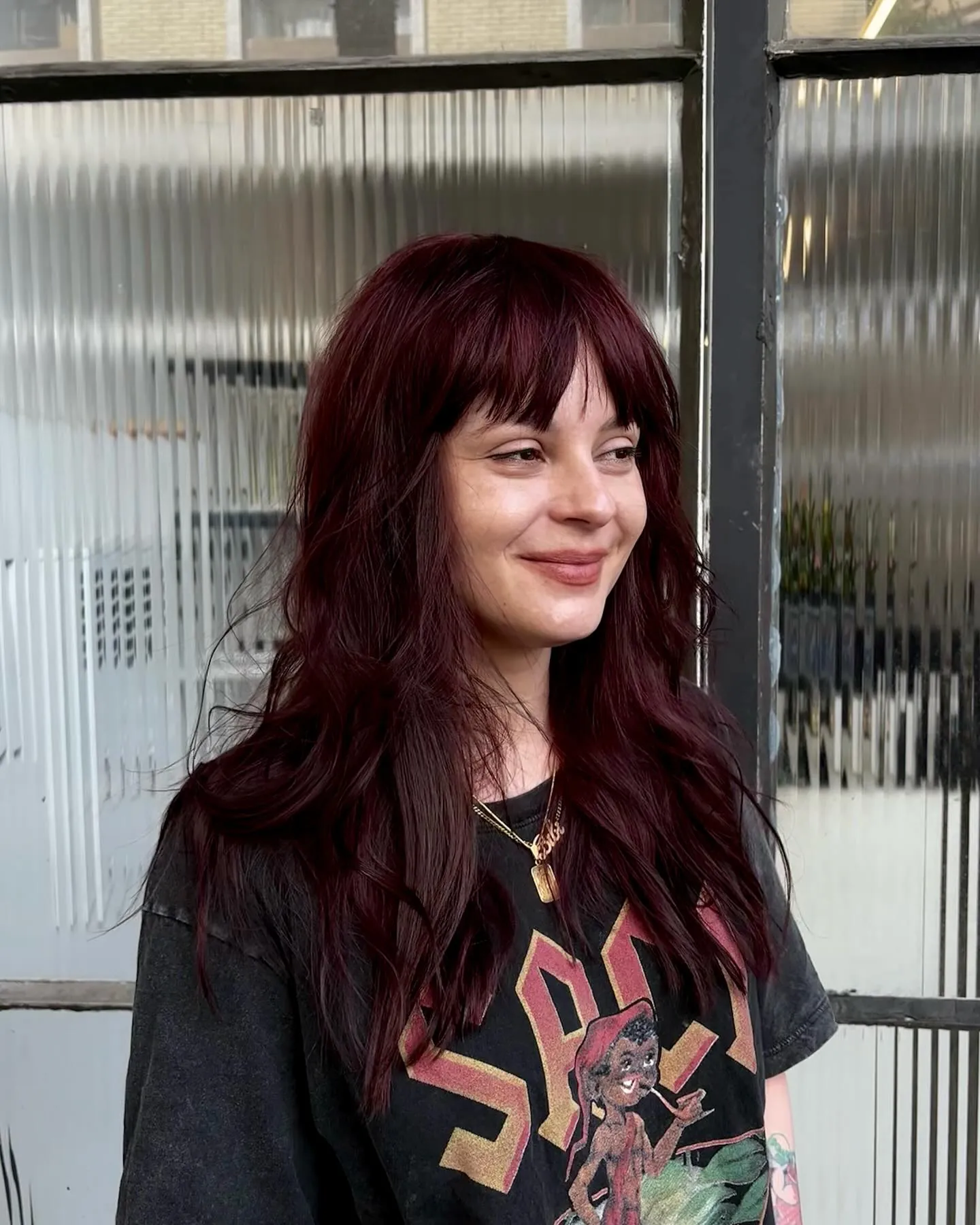 cherry red hair with long fringe layers