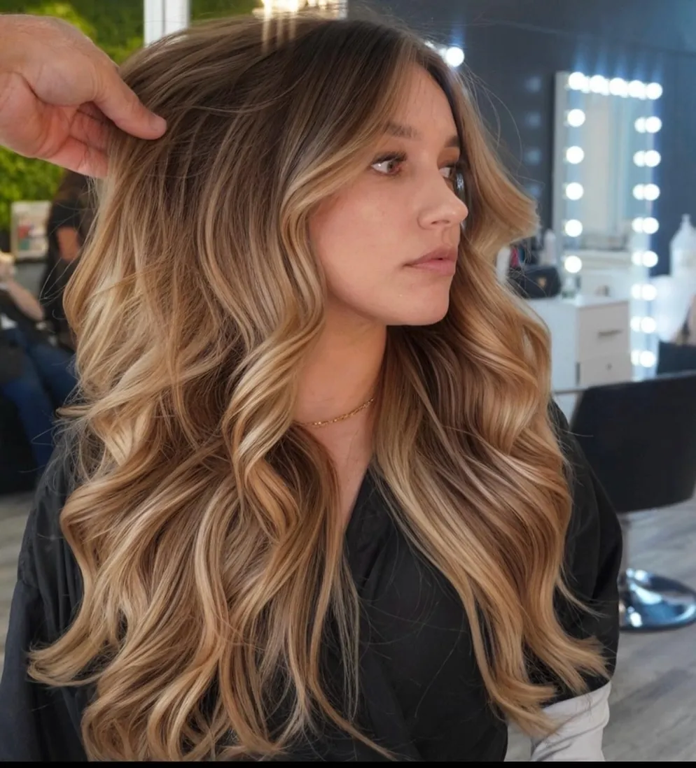 Long layered hair with bright face framing and neutral balayage