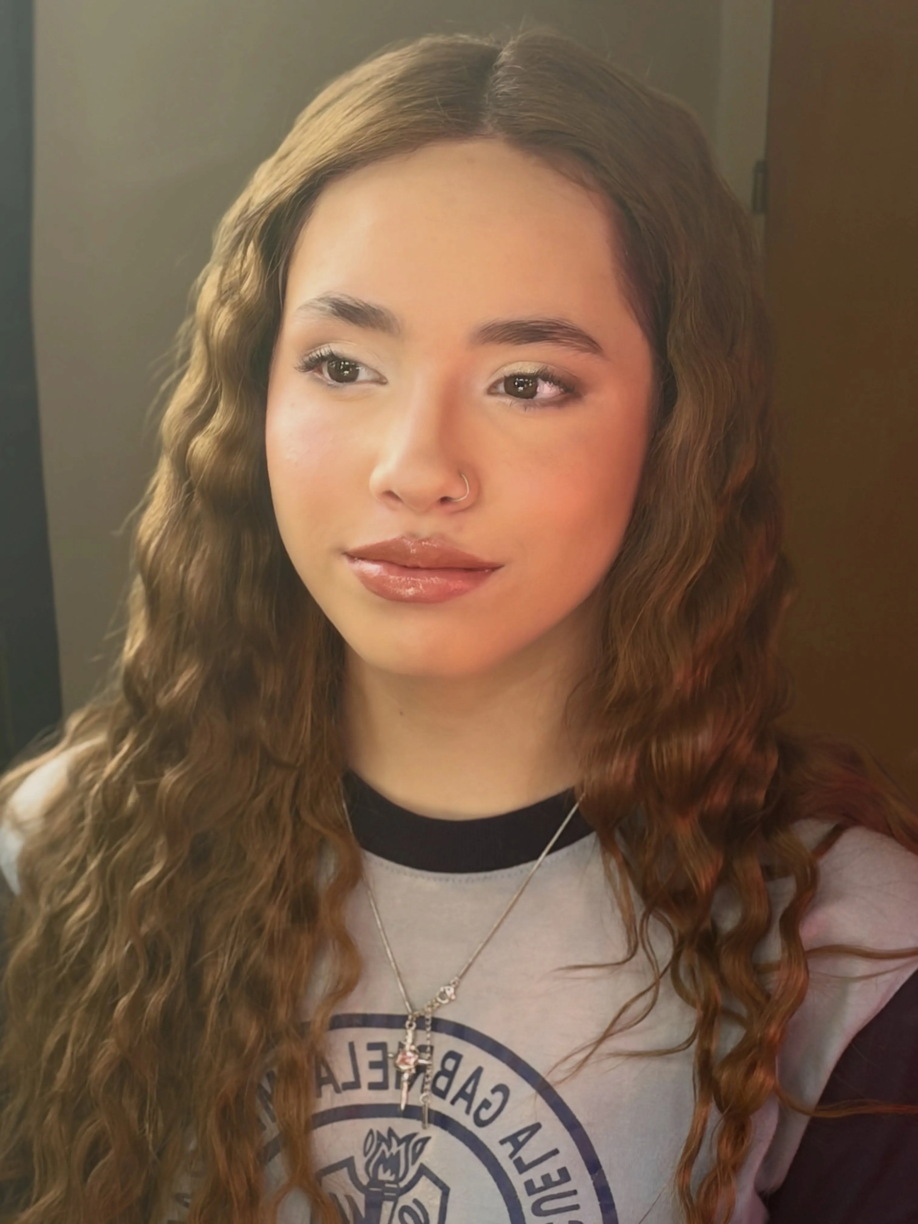 Long brown hair with natural looking crimped waves