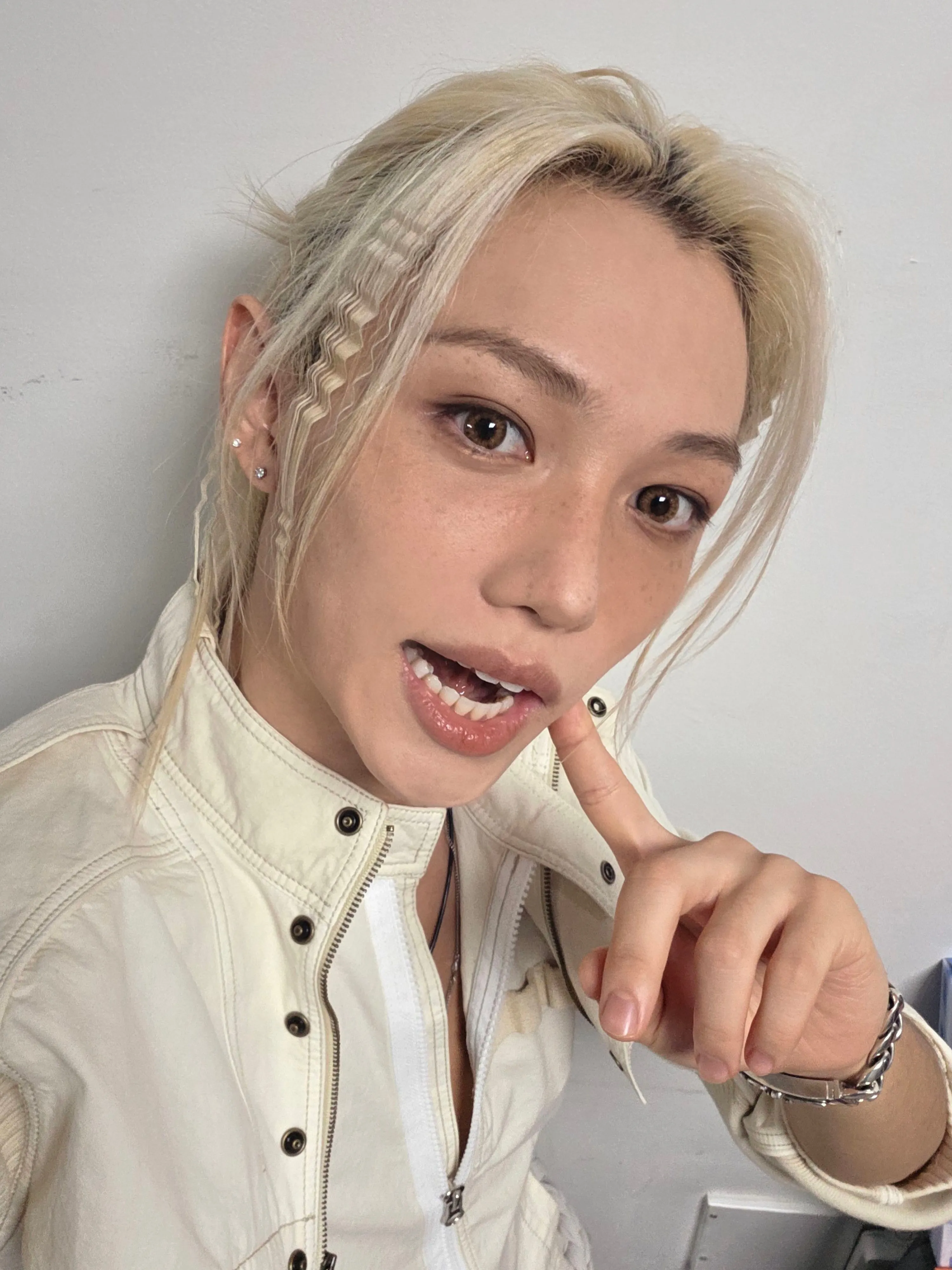 Blonde hair with crimped face framing pieces