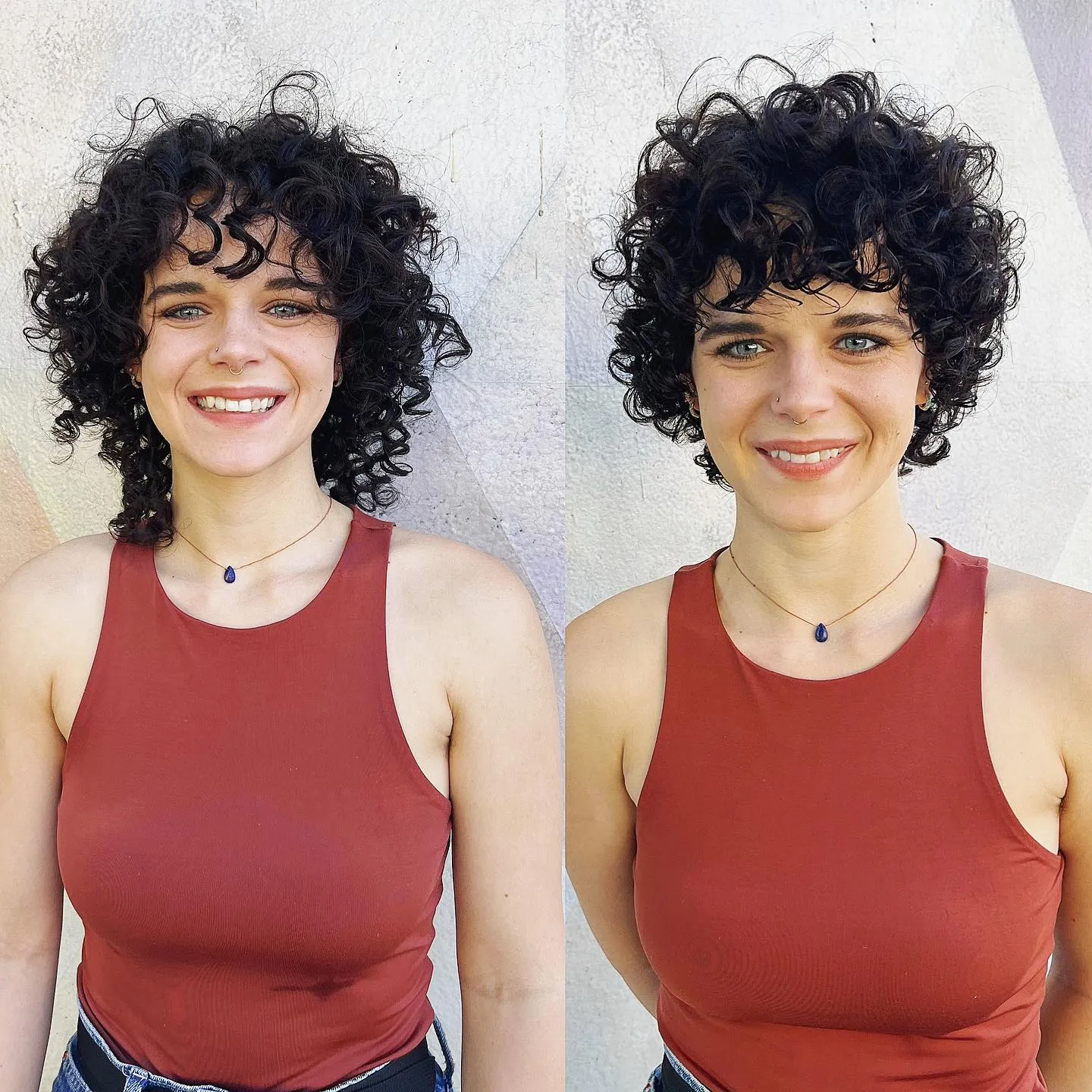 Defined curl bixie shown from front and side