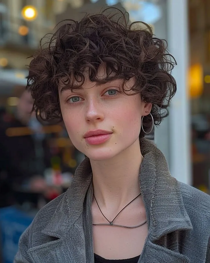 Voluminous curl bixie with dense ringlets and full fringe