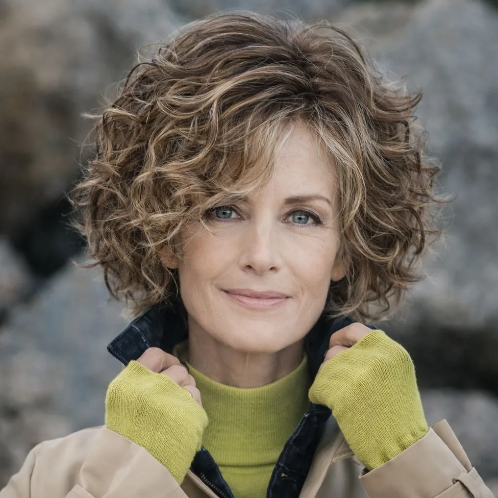 Short curly bob with side-swept fringe and soft highlights