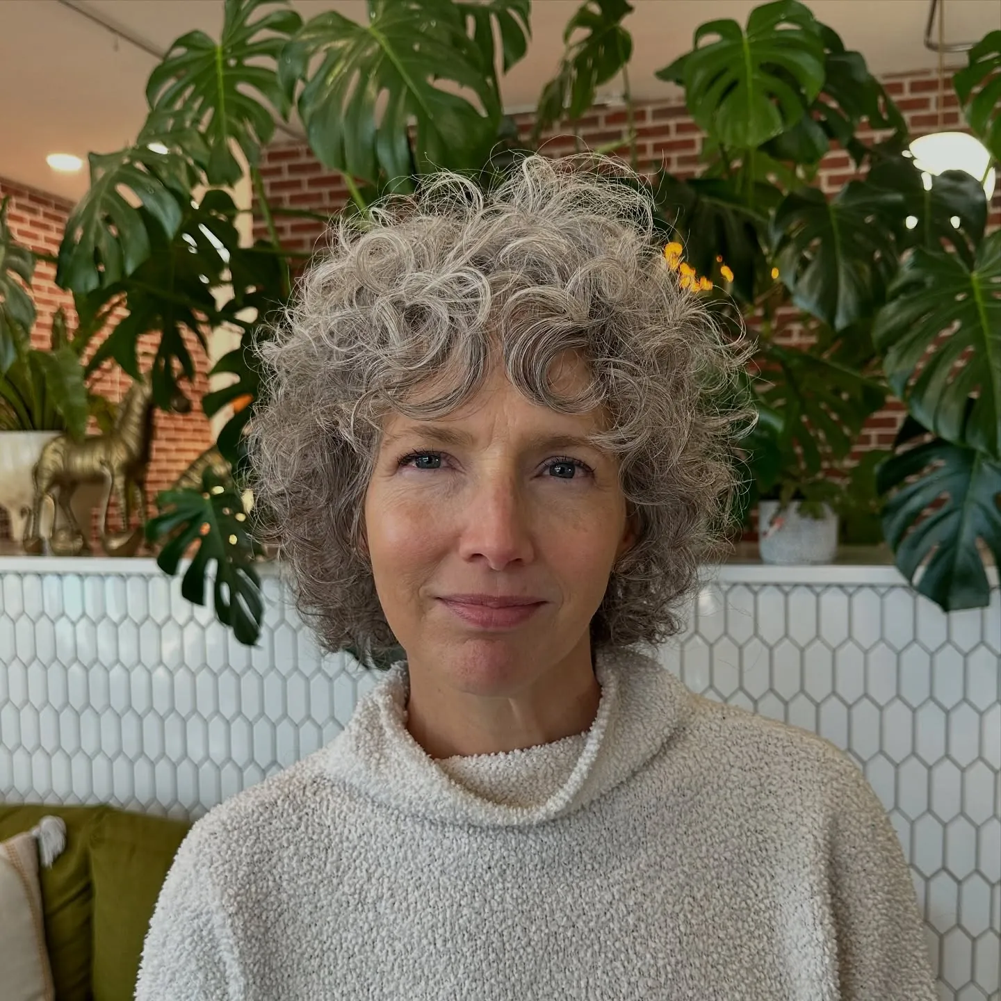 Short salt-and-pepper curly crop with a rounded fringe