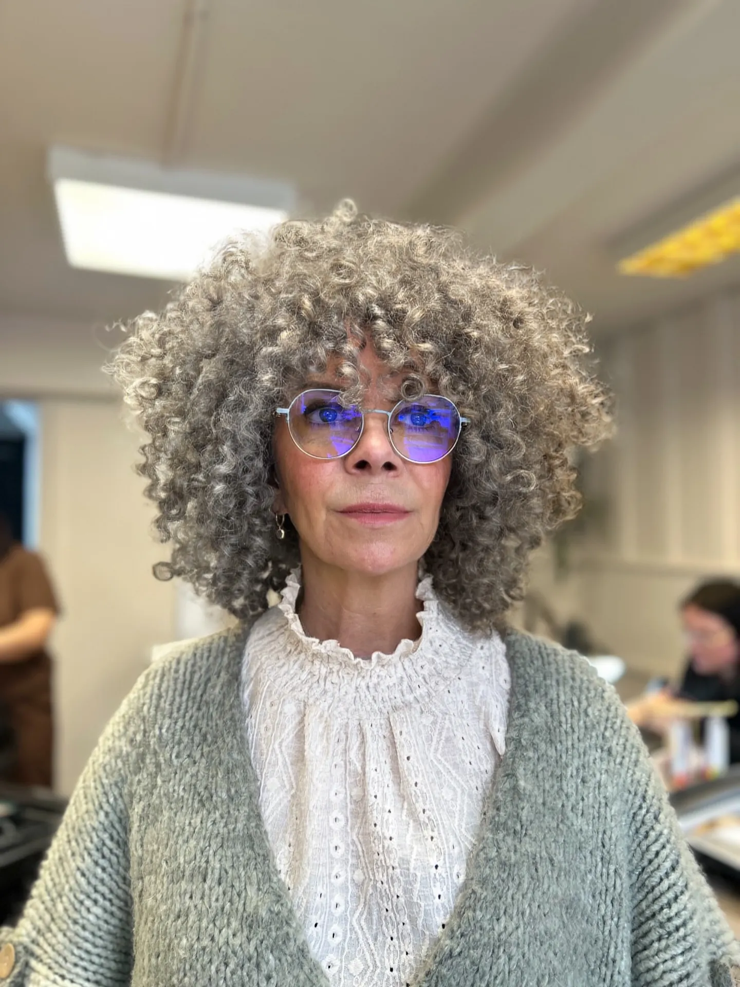 Rounded silver tight curls with full shape