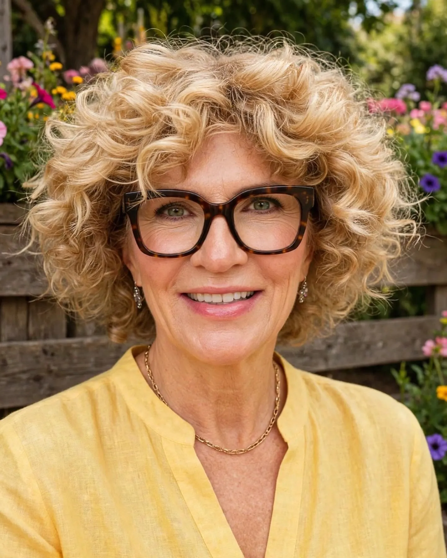 Rounded blonde curly bob with full volume
