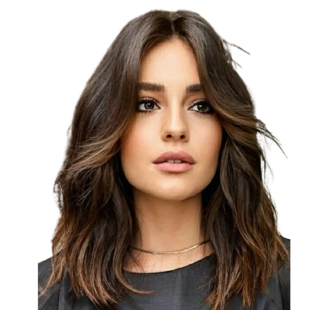 Brunette curve lob with tousled layers and center part