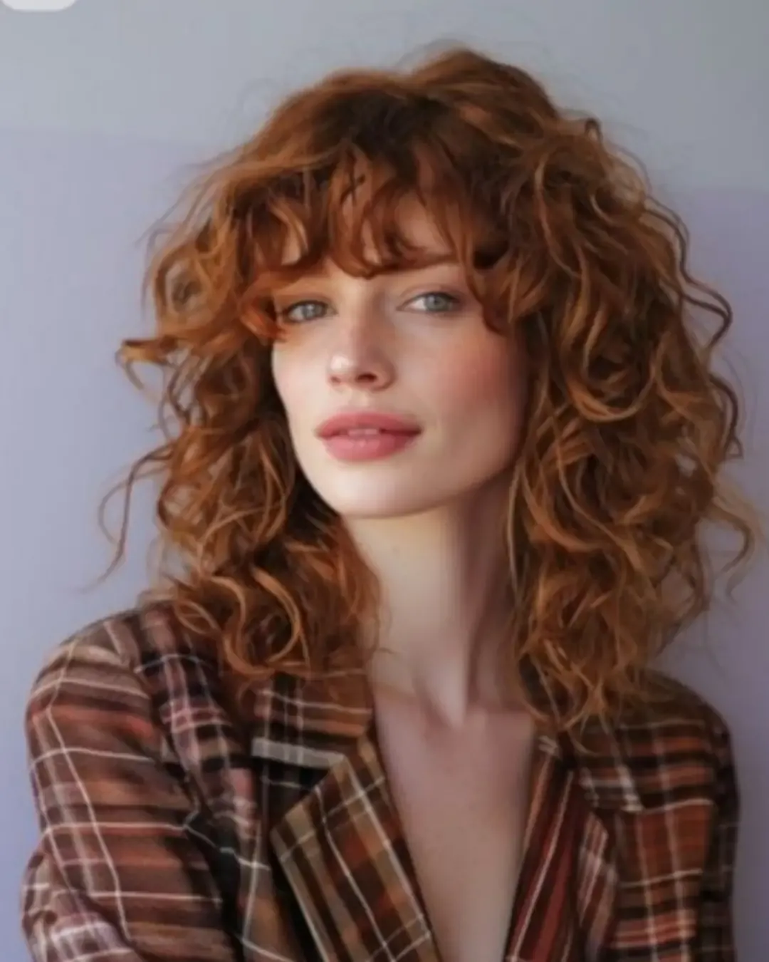 Copper curly curve cut with fringe and rounded layers