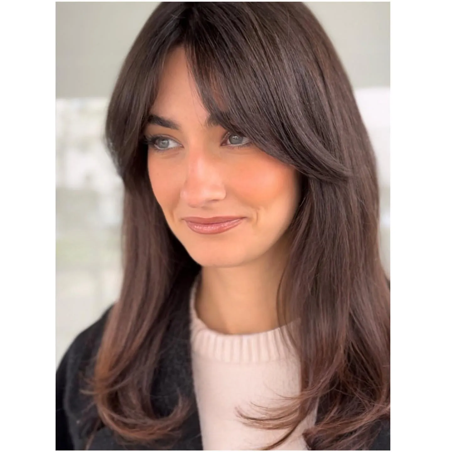 Long brunette curve cut with swooping face-framing layers
