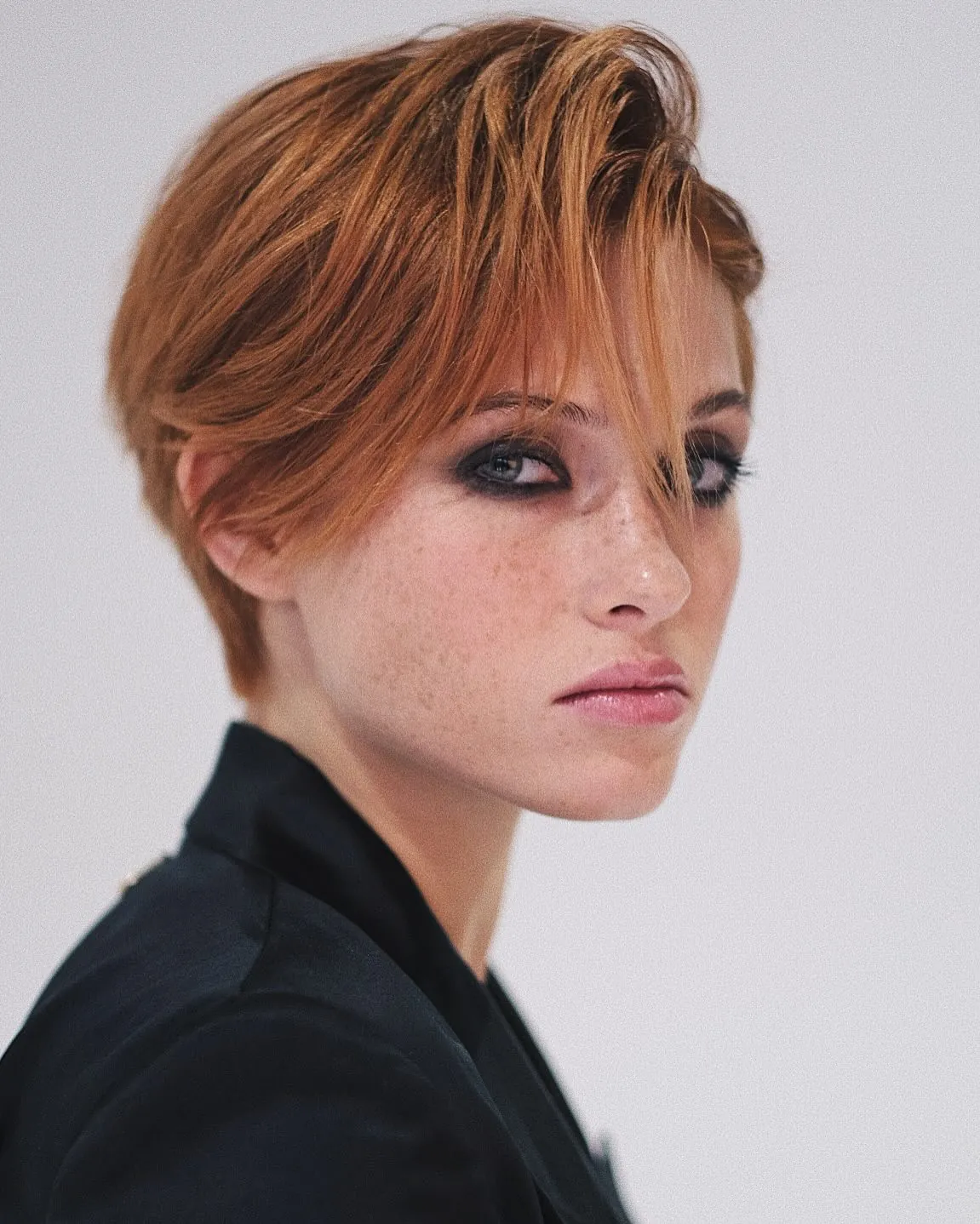 Copper swept pixie with long side fringe