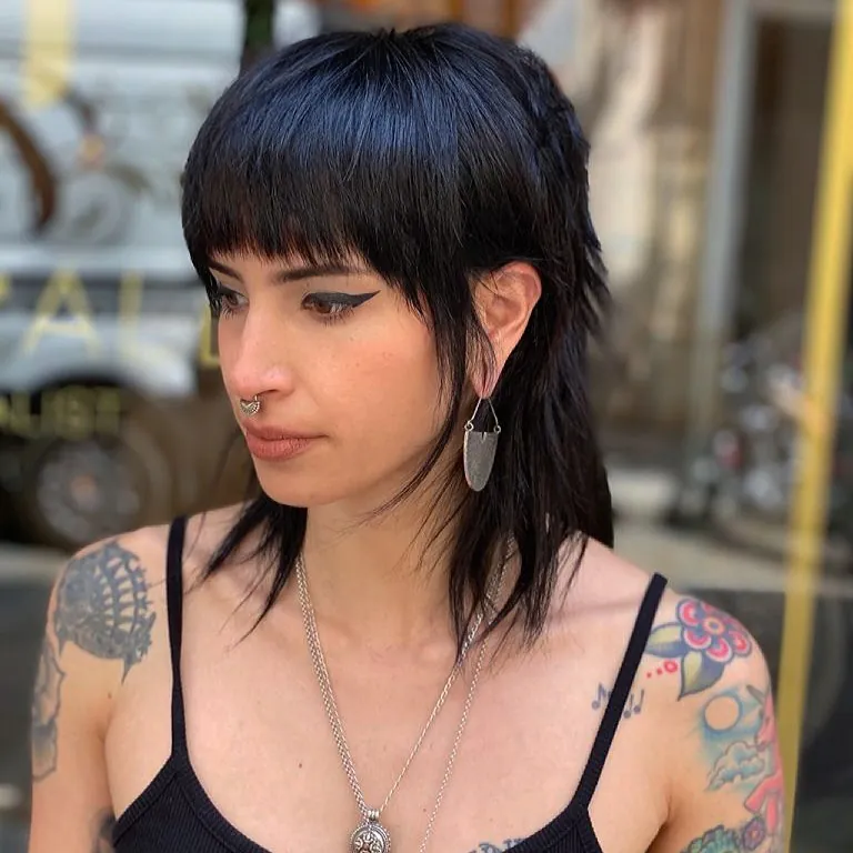 Black short mullet with blunt fringe