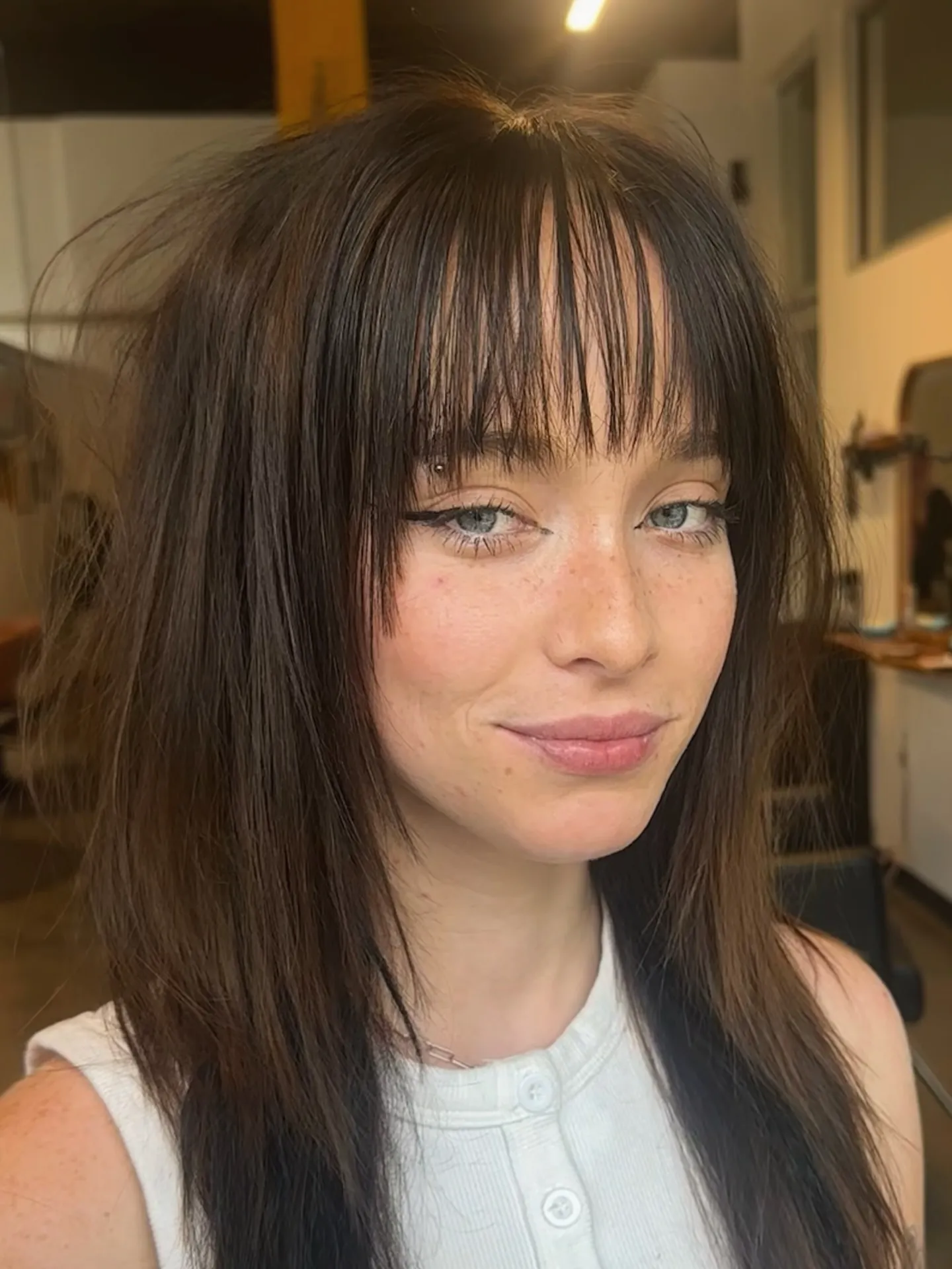 Medium brown straight shag with wispy bangs and long layers