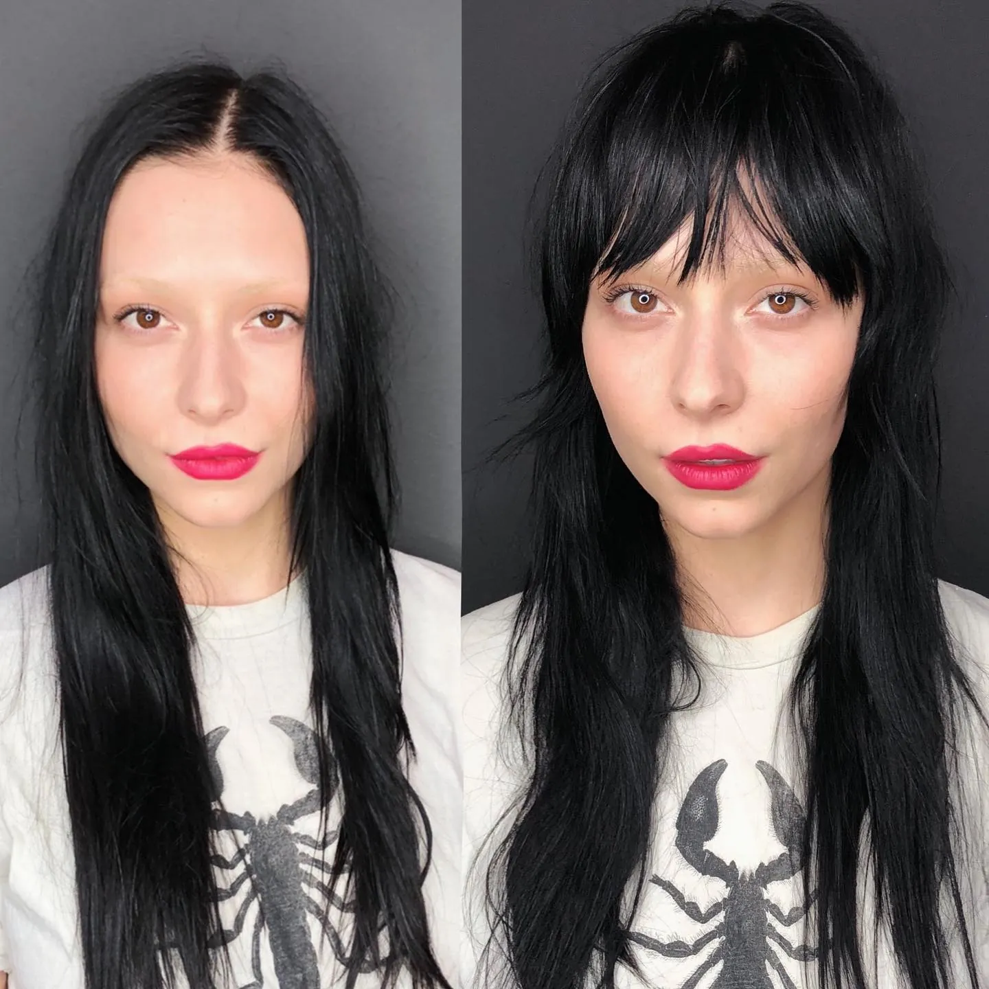 Long black straight shag with wispy bangs and layered sides