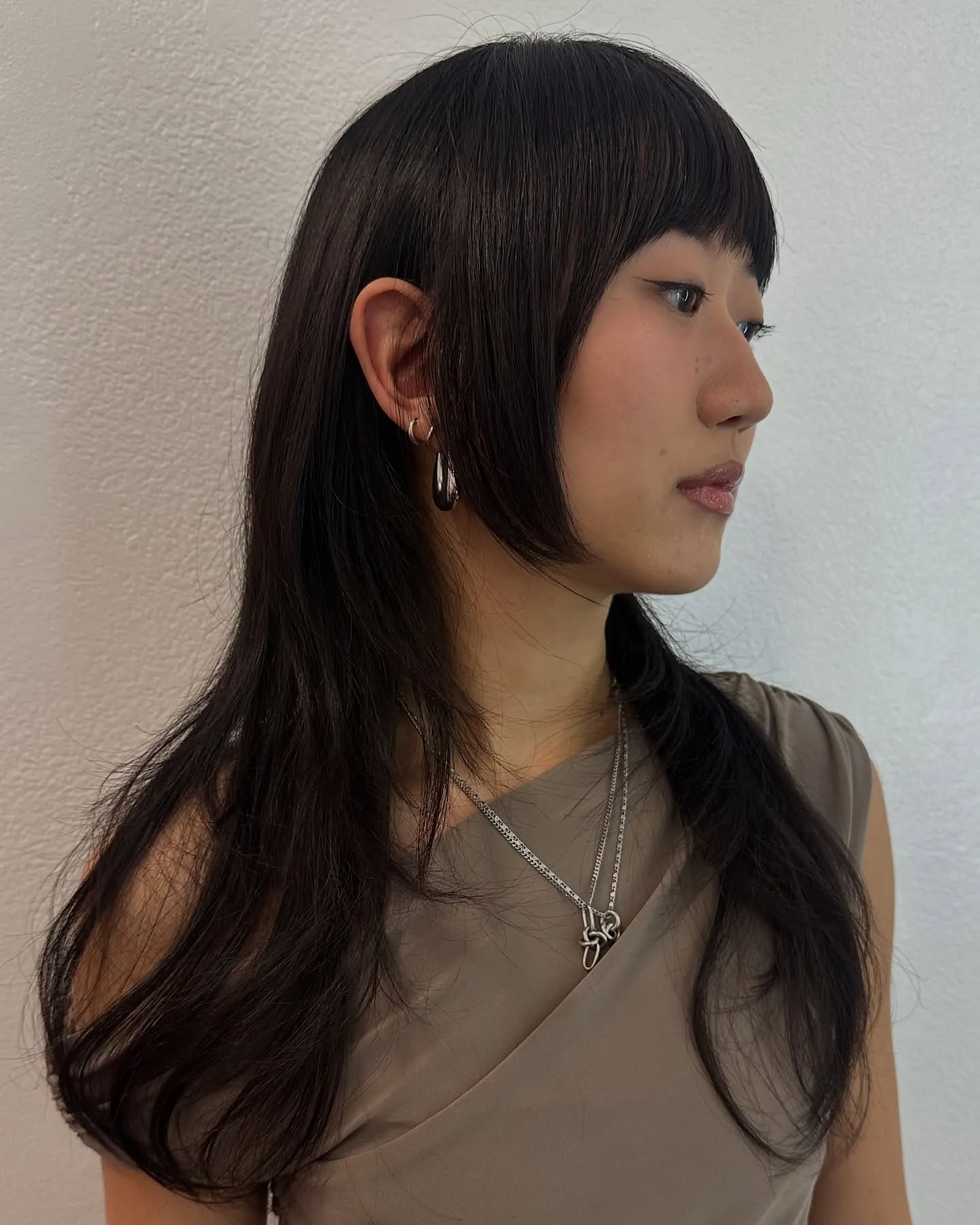 Long dark straight hime cut with blunt bangs and jaw-length side panels