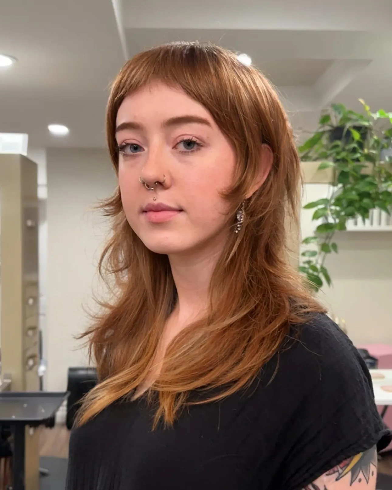 Copper mullet shag with short fringe and long nape layers