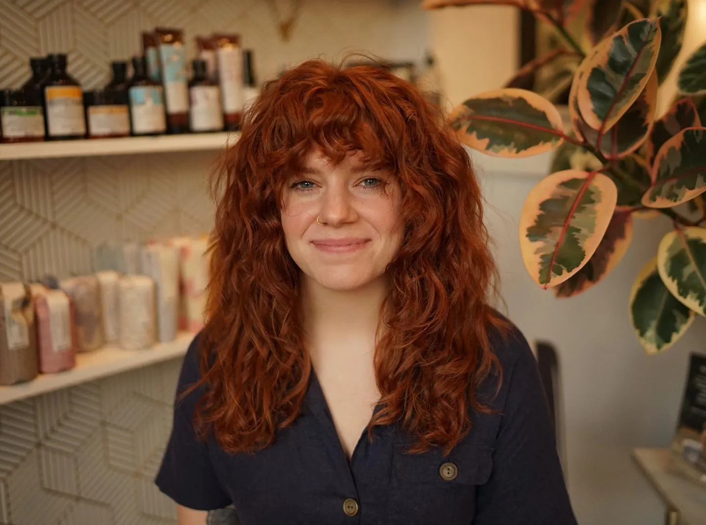 Medium curly shag with full textured bangs