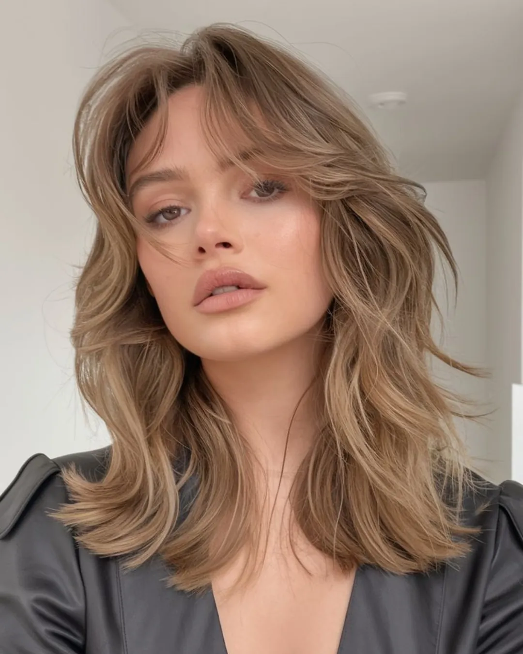 Shoulder-length butterfly layers with sweeping curtain fringe