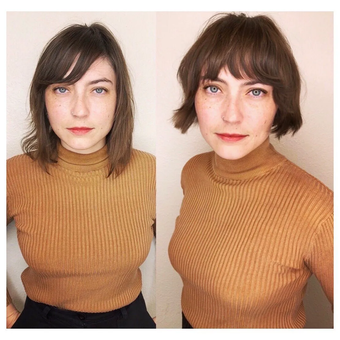 Short brunette bob with choppy fringe and outward side flips
