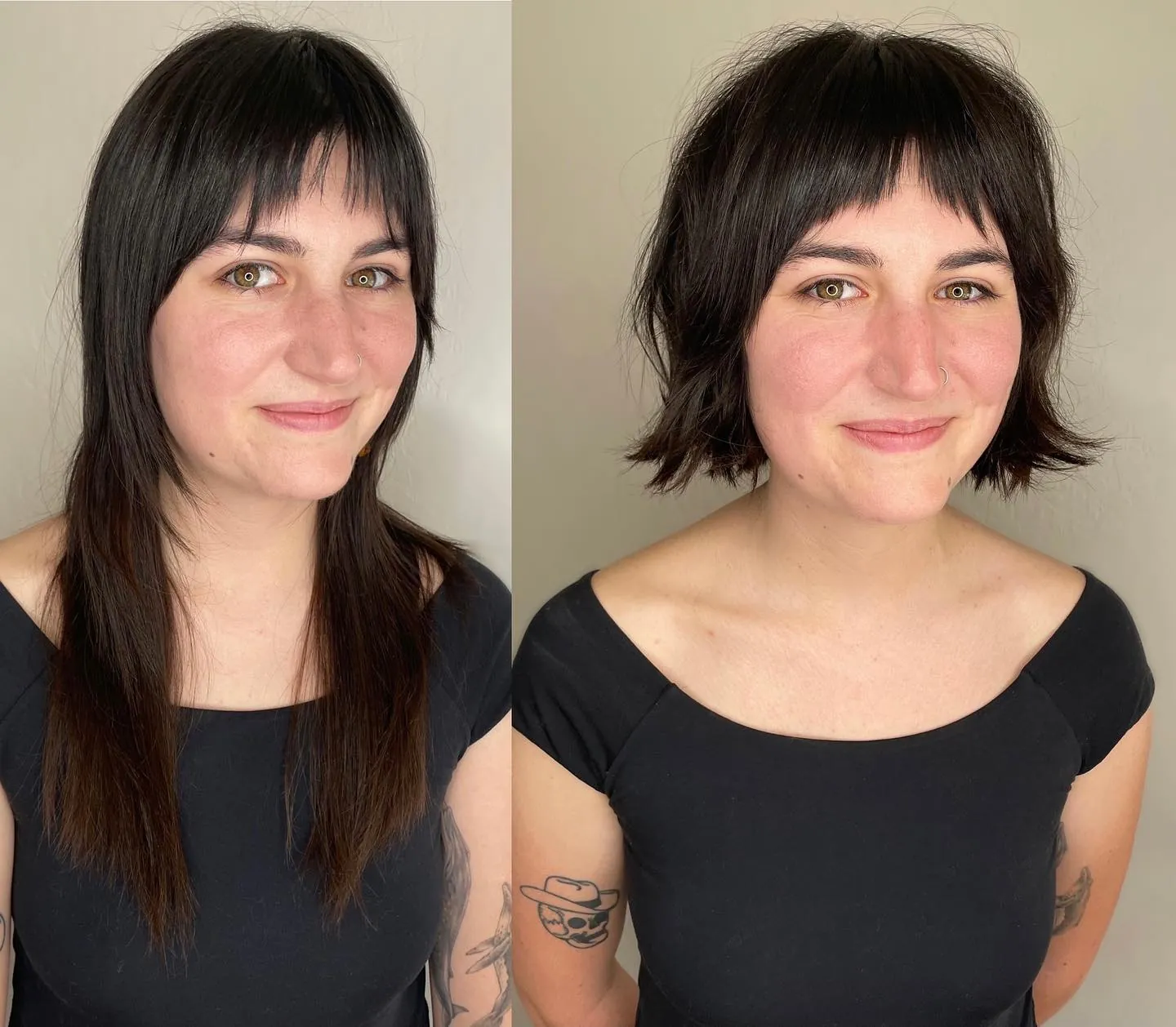 Short dark shaggy bob with fringe and flicked-out ends
