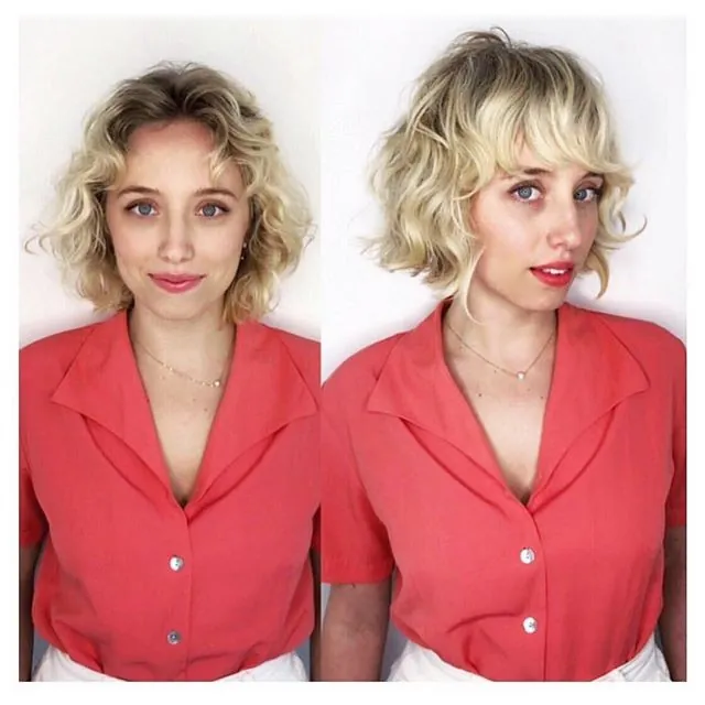 Wavy blonde bob with fringe and tousled flipped ends